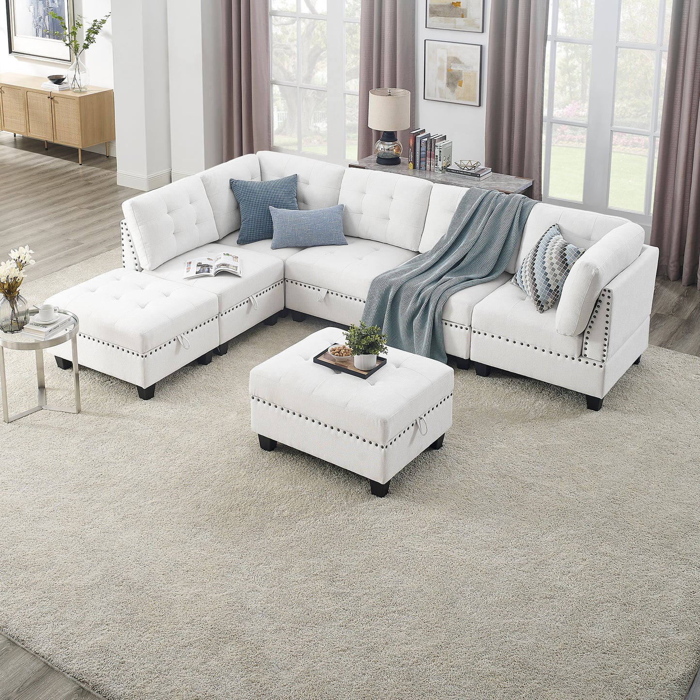 L-shaped Ivory Chenille DIY Modular Sectional Sofa