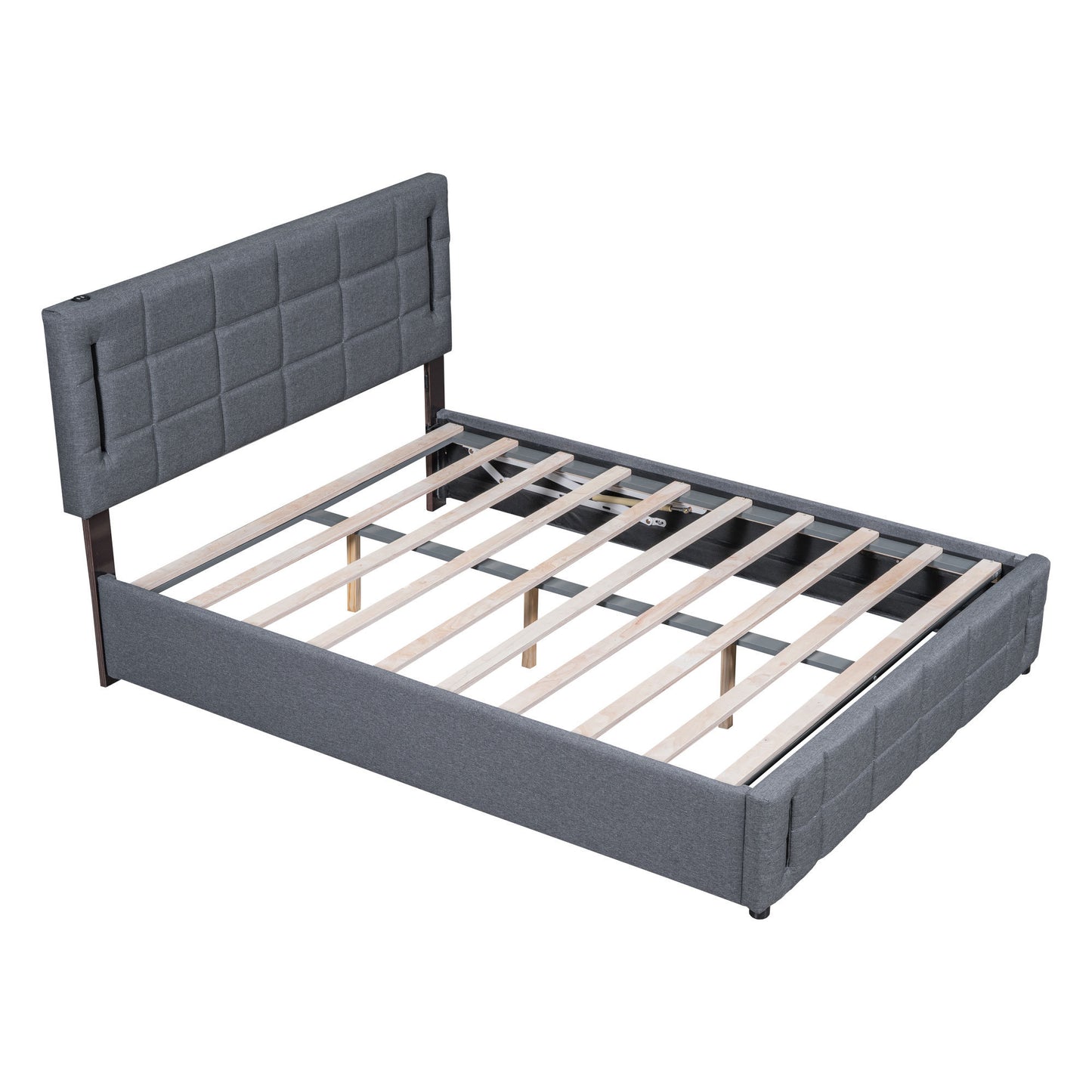 Full Size Upholstered Bed with Hydraulic Storage System and LED Light, Gray