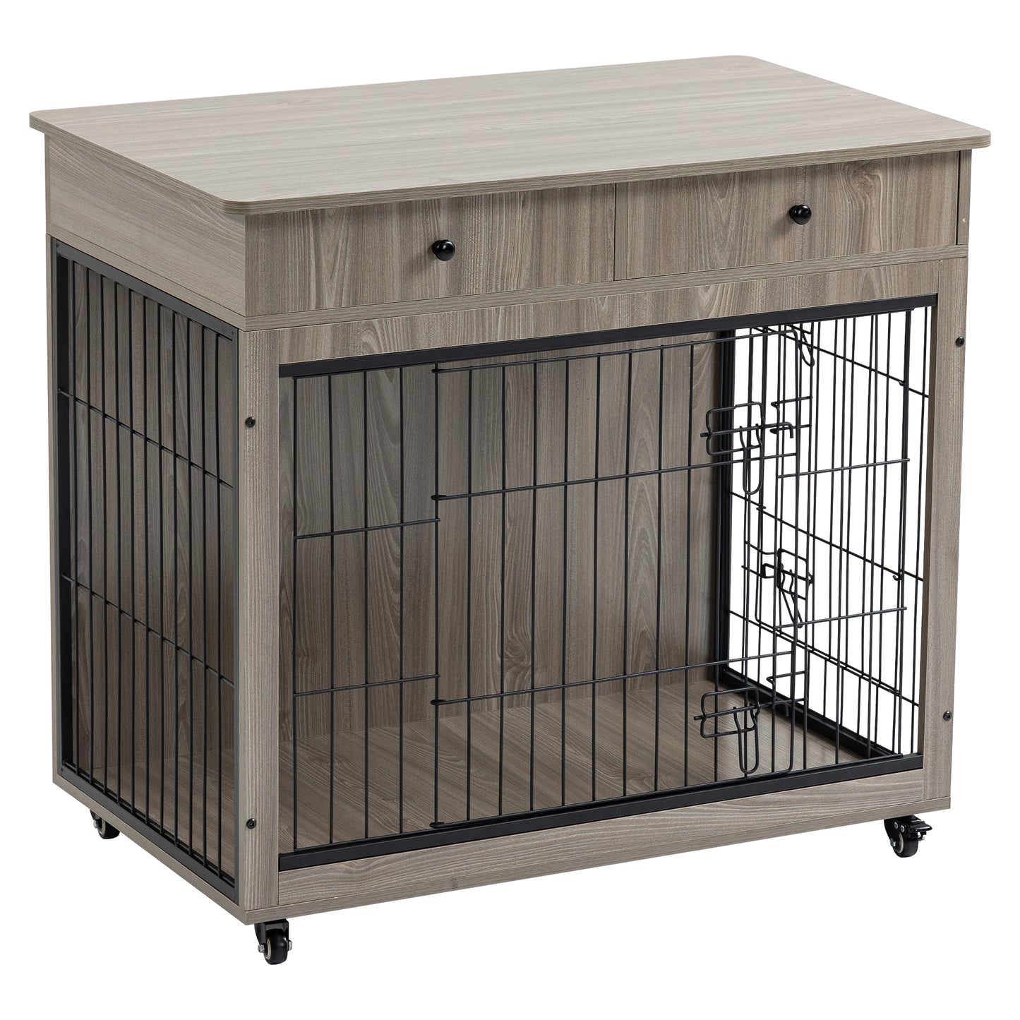 Dog Crate Furniture, Wooden Dog Crate End Table, 38.4 Inch Dog Kennel with 2 Drawers Storage, Heavy Duty Dog Crate, Decorative Pet Crate Dog Cage for Large Indoor Use (Grey) 38.4" L×23.2" W×35" H