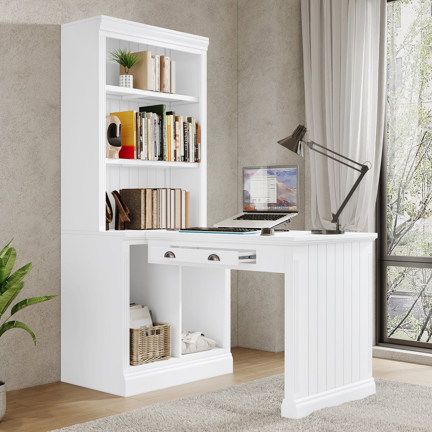 83.4 Tall 2-Piece White Bookshelf & Writing Desk Set with LED Lighting, Storage Drawers, and Doors