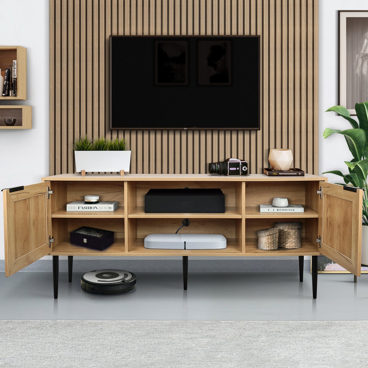 Rattan-Doored Wooden TV Stand with Open Shelves for TVs up to 65 Inches