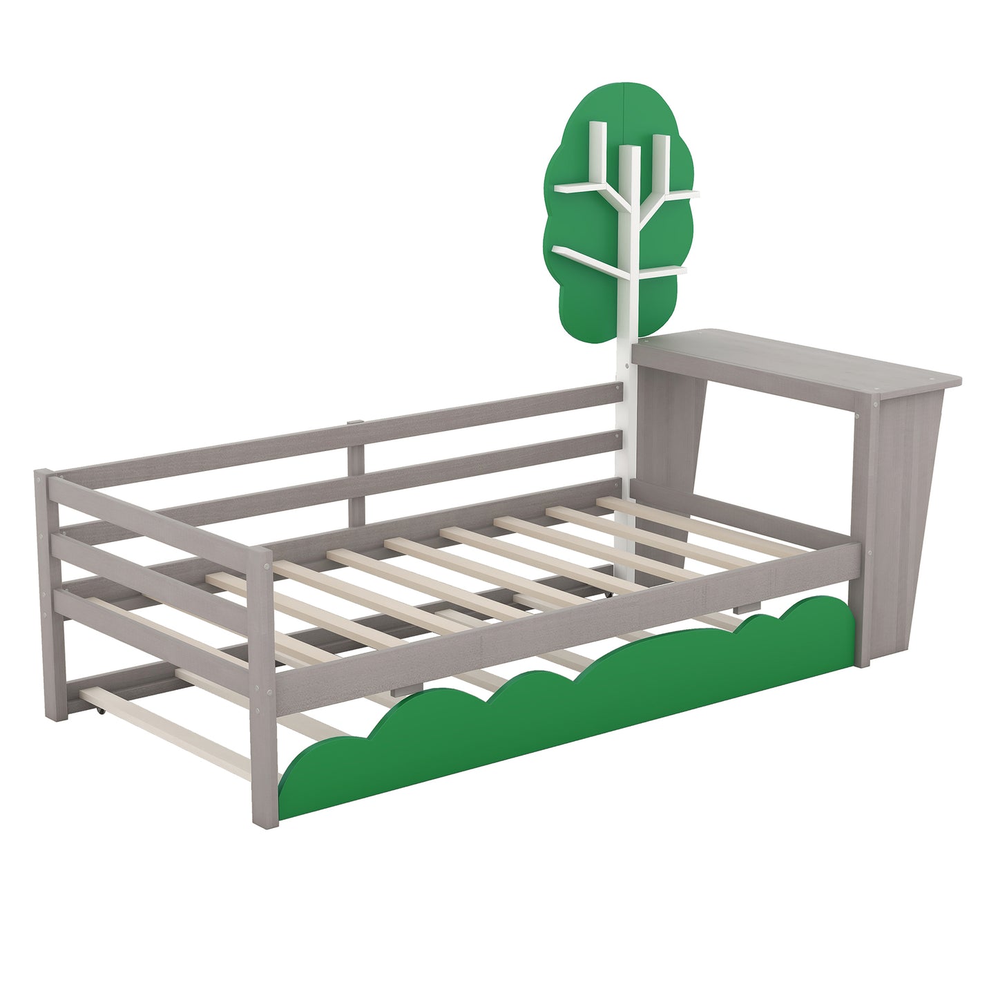 Twin Size Daybed with Desk, Green Tree Shape Shelves and Trundle, Gray