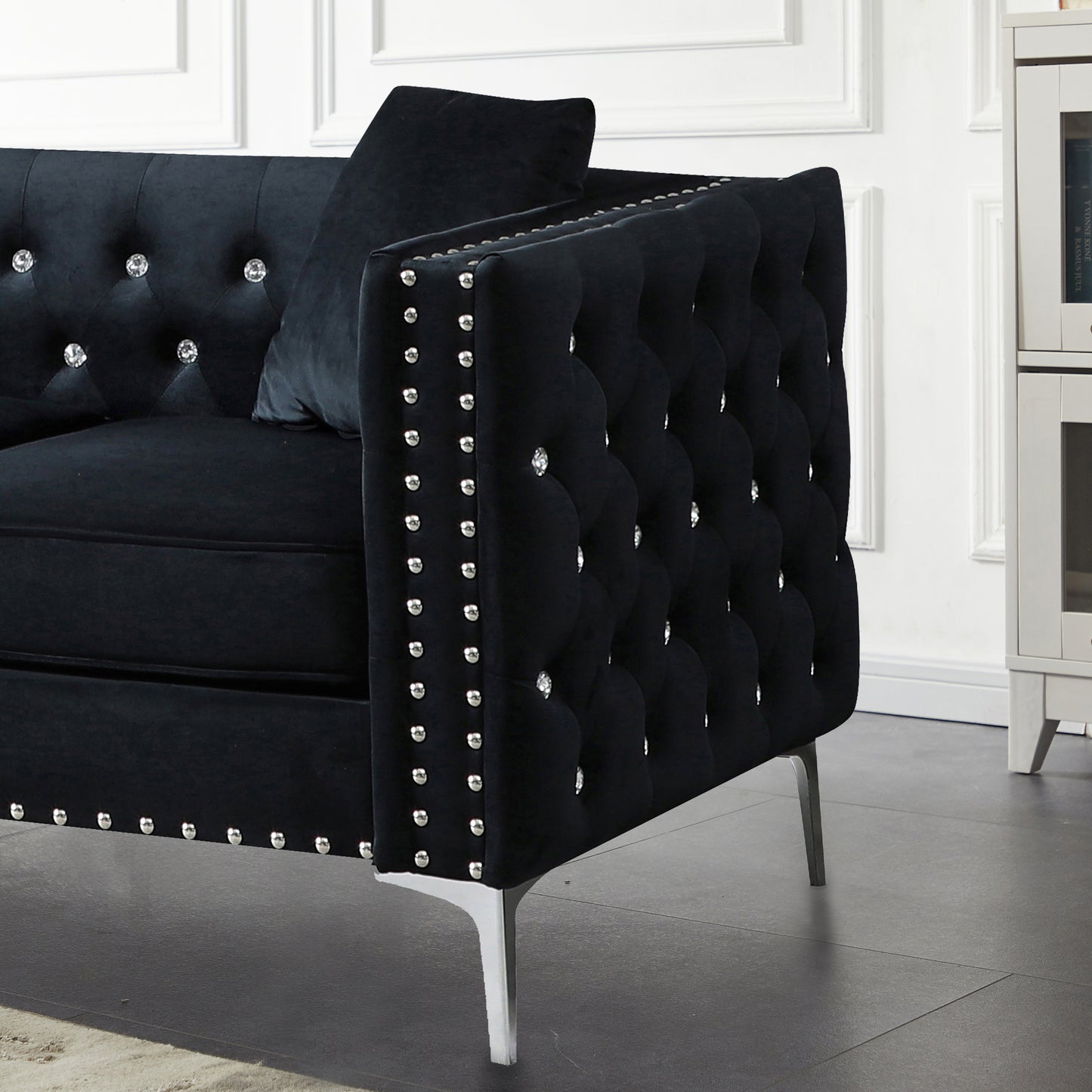 Modern Black Velvet Sofa with Jeweled Buttons and Tufted Square Arms, Including 2 Pillows