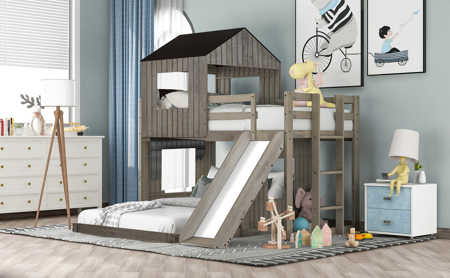 Playhouse Twin Over Full Bunk Bed with Ladder, Slide, and Guardrails in Farmhouse Style