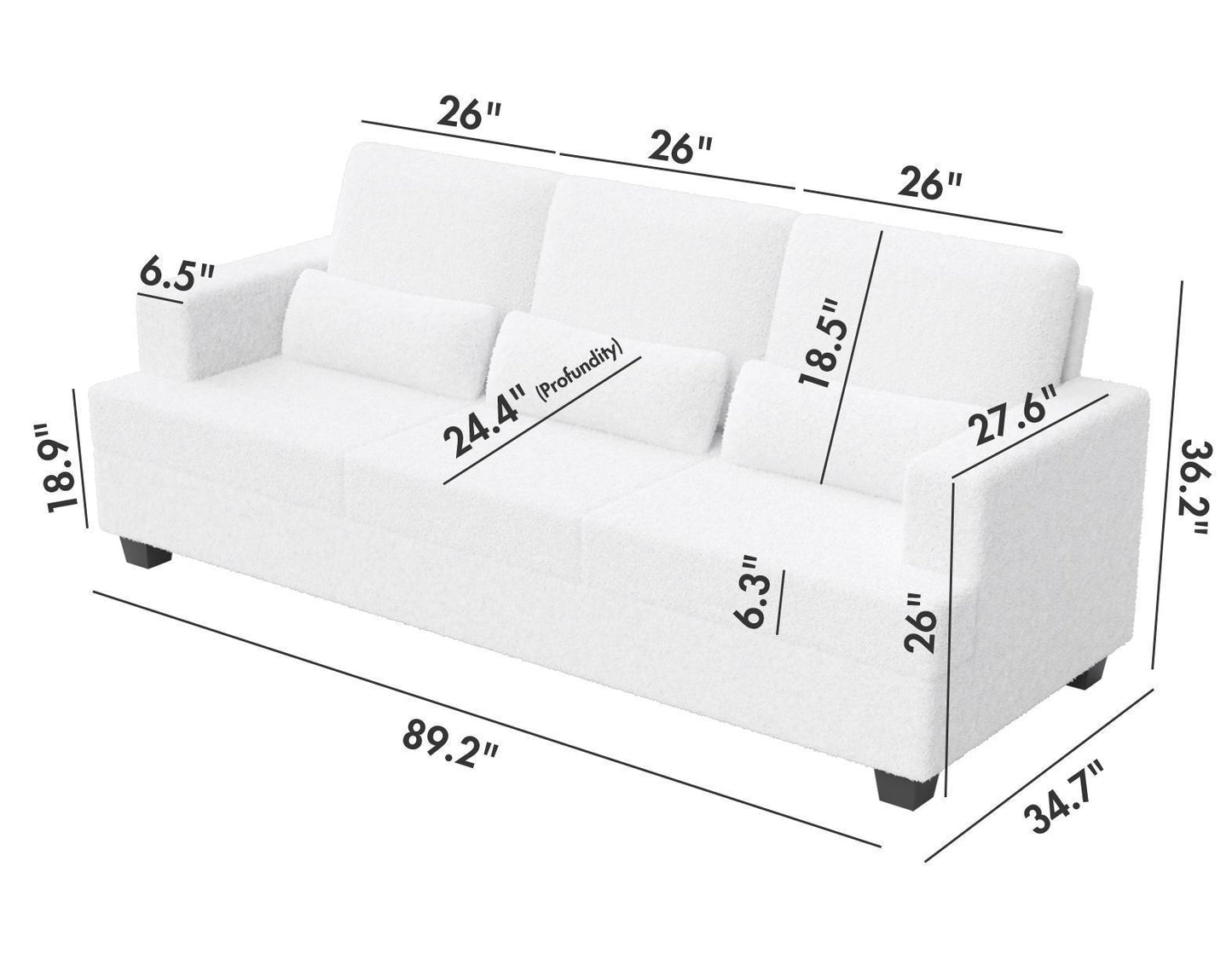 Modern 3-Seater White and Gray Fabric Sofa with Square Armrest and Waist Pillows