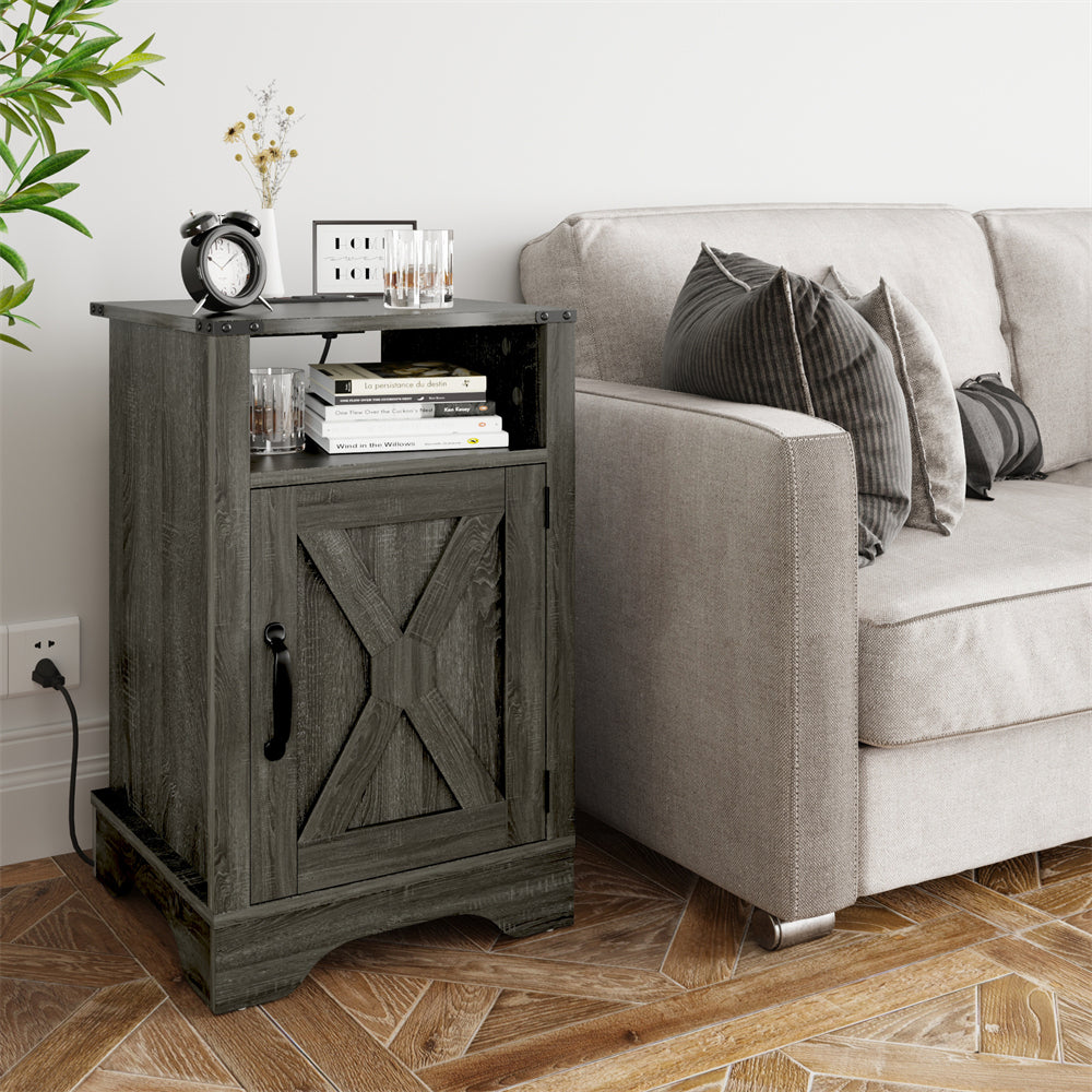 Modern Dark Grey Wood Tall Cabinet Small Nightstand Bed Side Table With Charging Station Living Room