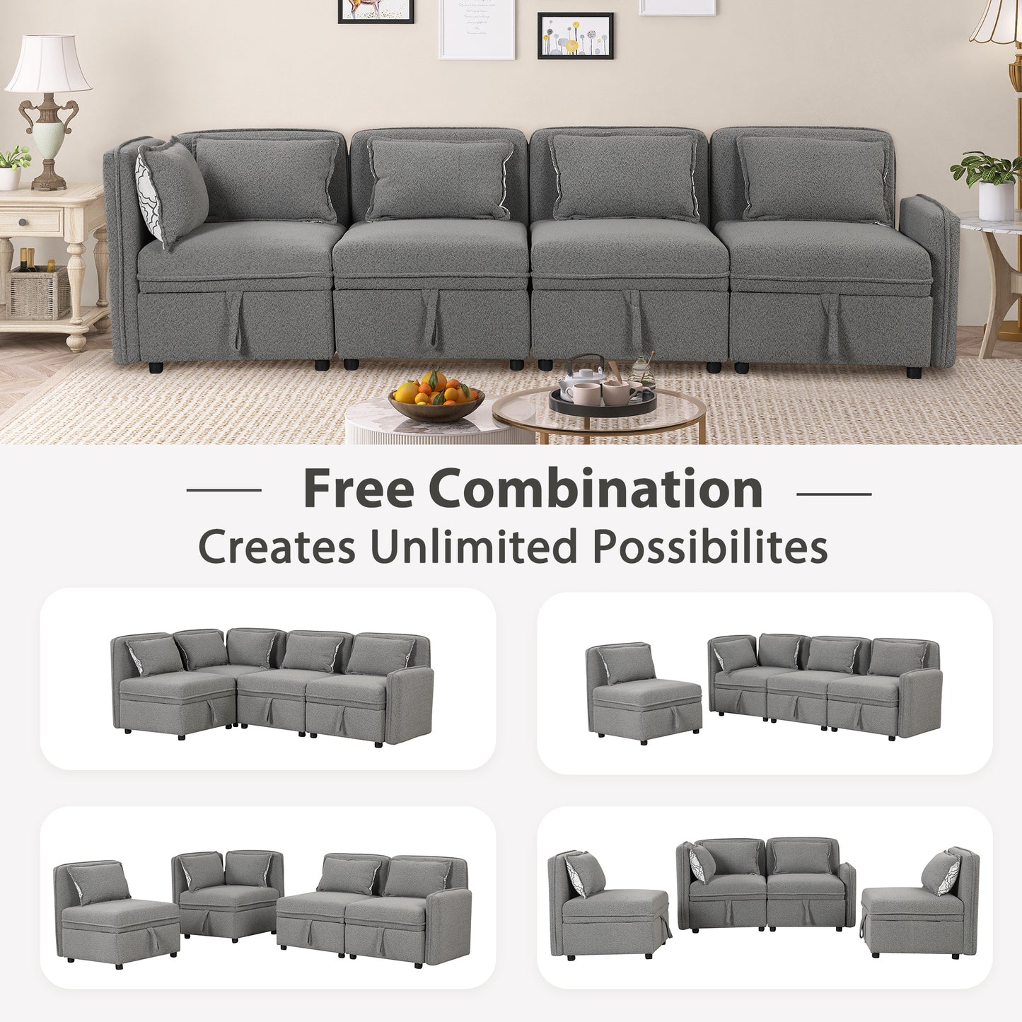 Convertible Modular Minimalist Sectional Sofa with Storage and 5 Pillows