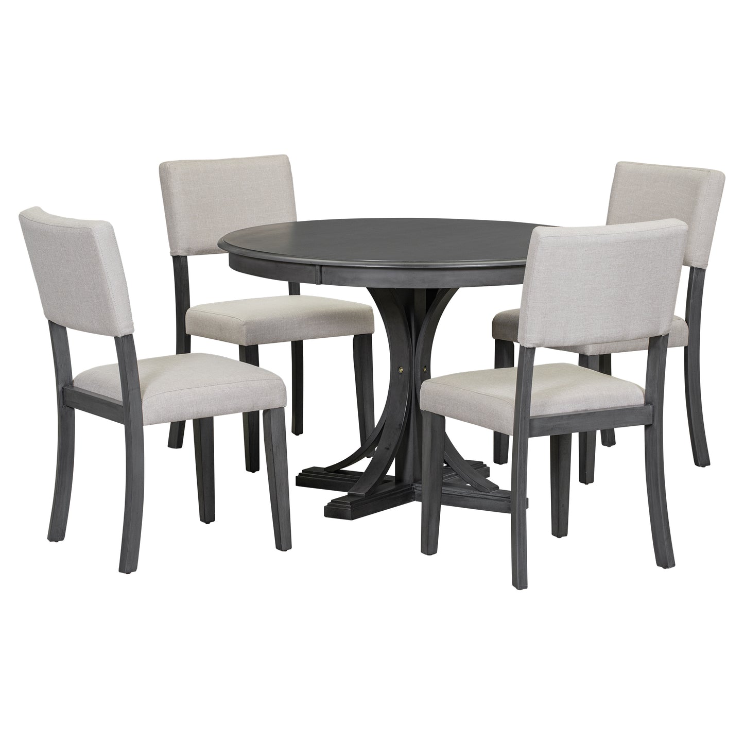 TREXM 5-Piece Retro Round Dining Table Set with Curved Trestle Style Table Legs and 4 Upholstered Chairs for Dining Room (Dark Gray)