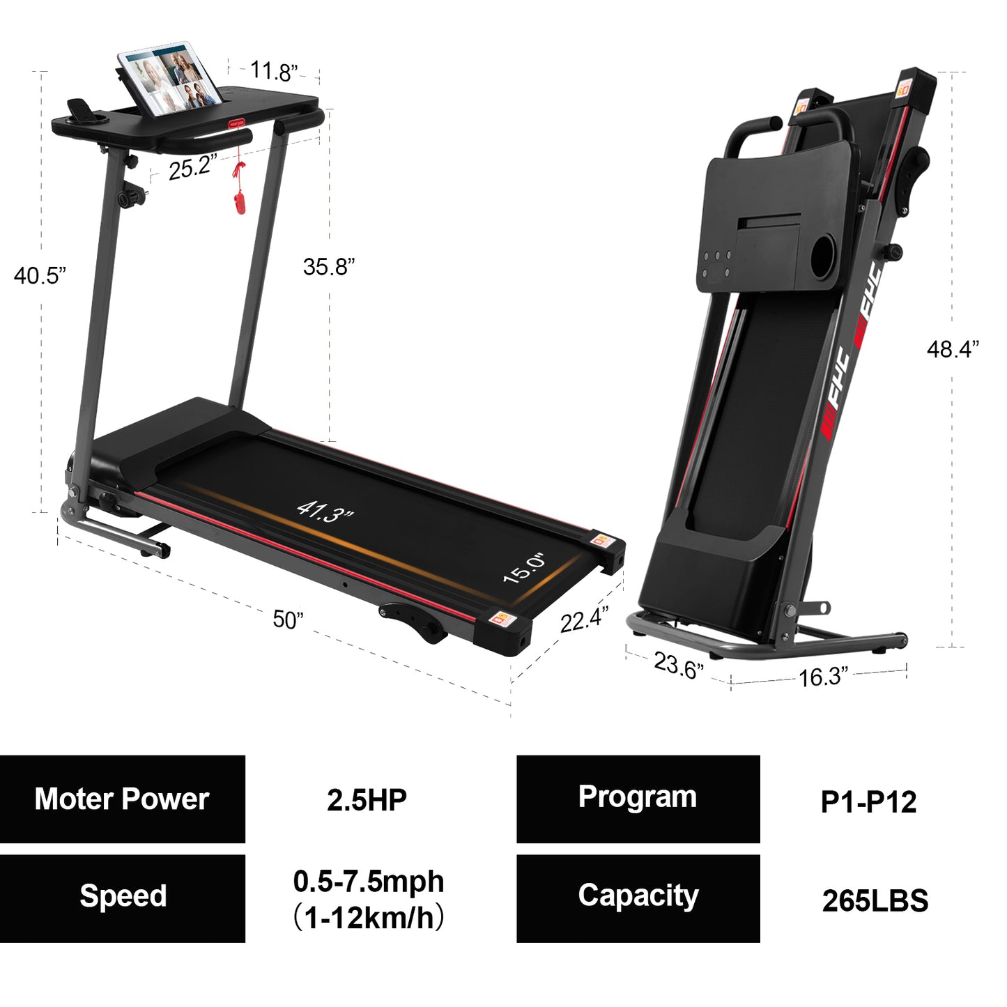 FYC Folding Treadmill for Home with Desk - 2.5HP Compact Electric Treadmill for Running and Walking Foldable Portable Running Machine for Small Spaces Workout, 265LBS Weight Capacity