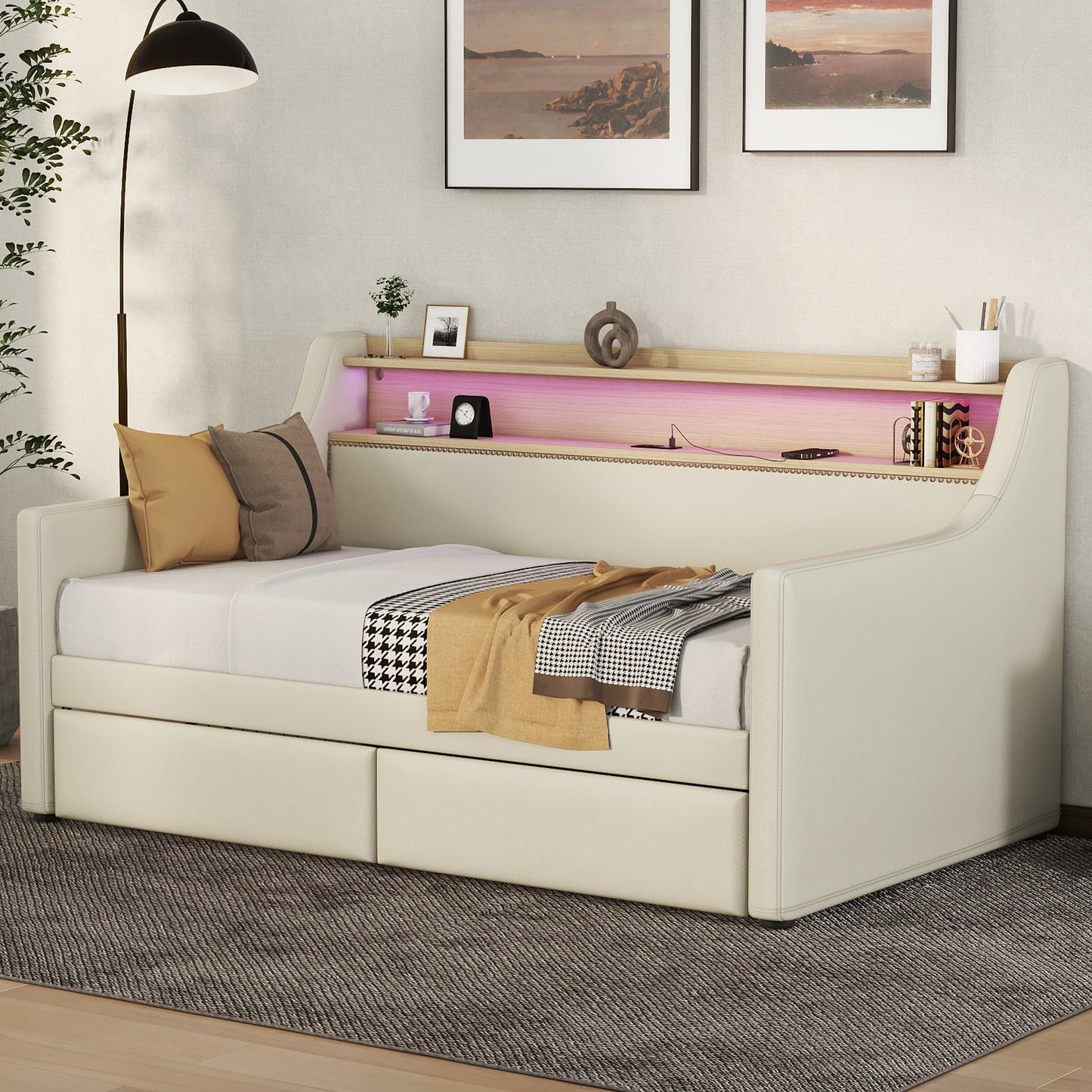 Twin Size Daybed with Storage Drawers, Upholstered Daybed with Charging Station and LED Lights, Beige (Expect arrive date: December 30th.)