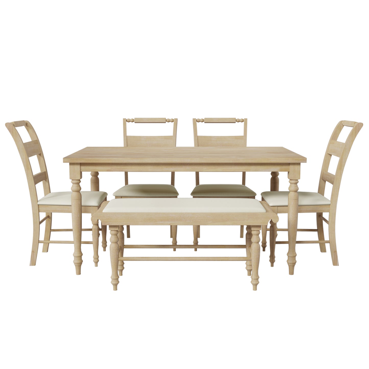 6-peice Dining Set with Turned Legs, Kitchen Table Set with Upholstered Dining Chairs and Bench,Retro Style, Natural