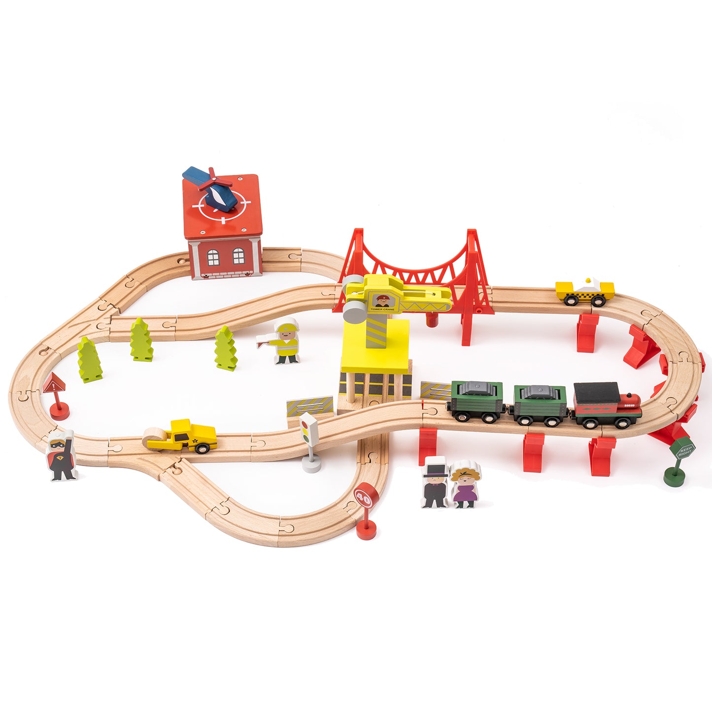 Wooden Train Set with Magnetic Trains and Mat - 64 pcs Accessories