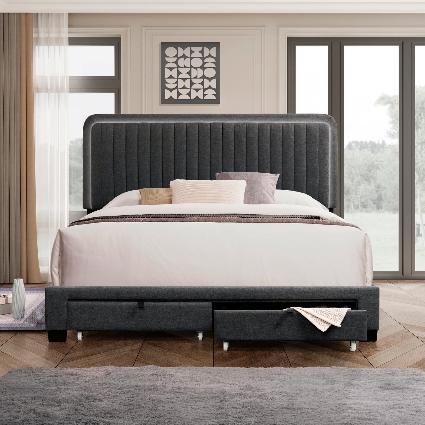 QUEEN SIZE UPHOLSTERED BED WITH ADJUSTABLE HEIGHT / MATTRESS 10 TO 14 INCHES / LED DESIGN WITH FOOTBOARD DRAWERS STORAGE / NO BOX SPRING REQUIRED DARK GRAY