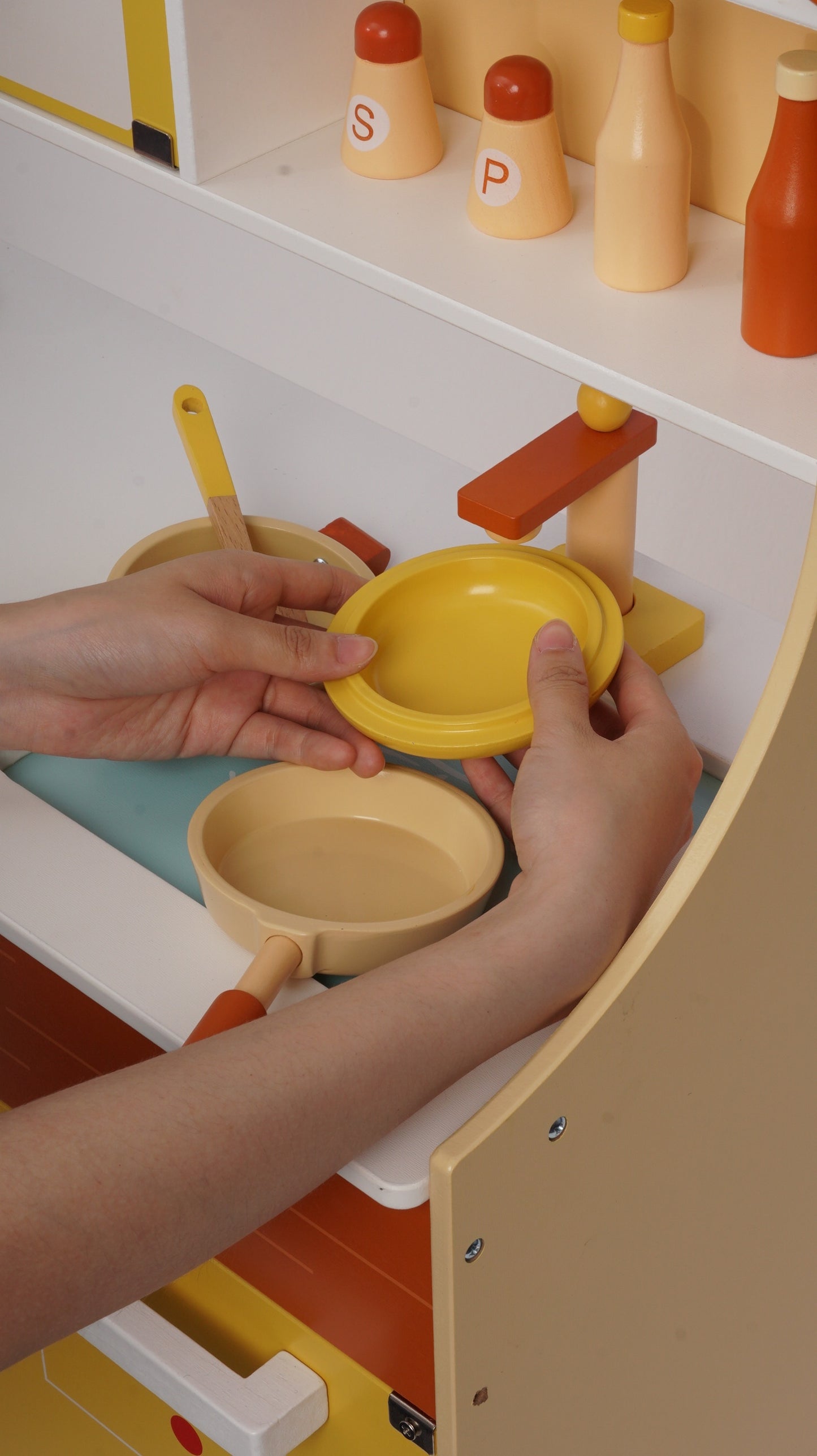 Kid's Wooden Pretend Play Kitchen Set in Yellow, with Cookware and Accessories