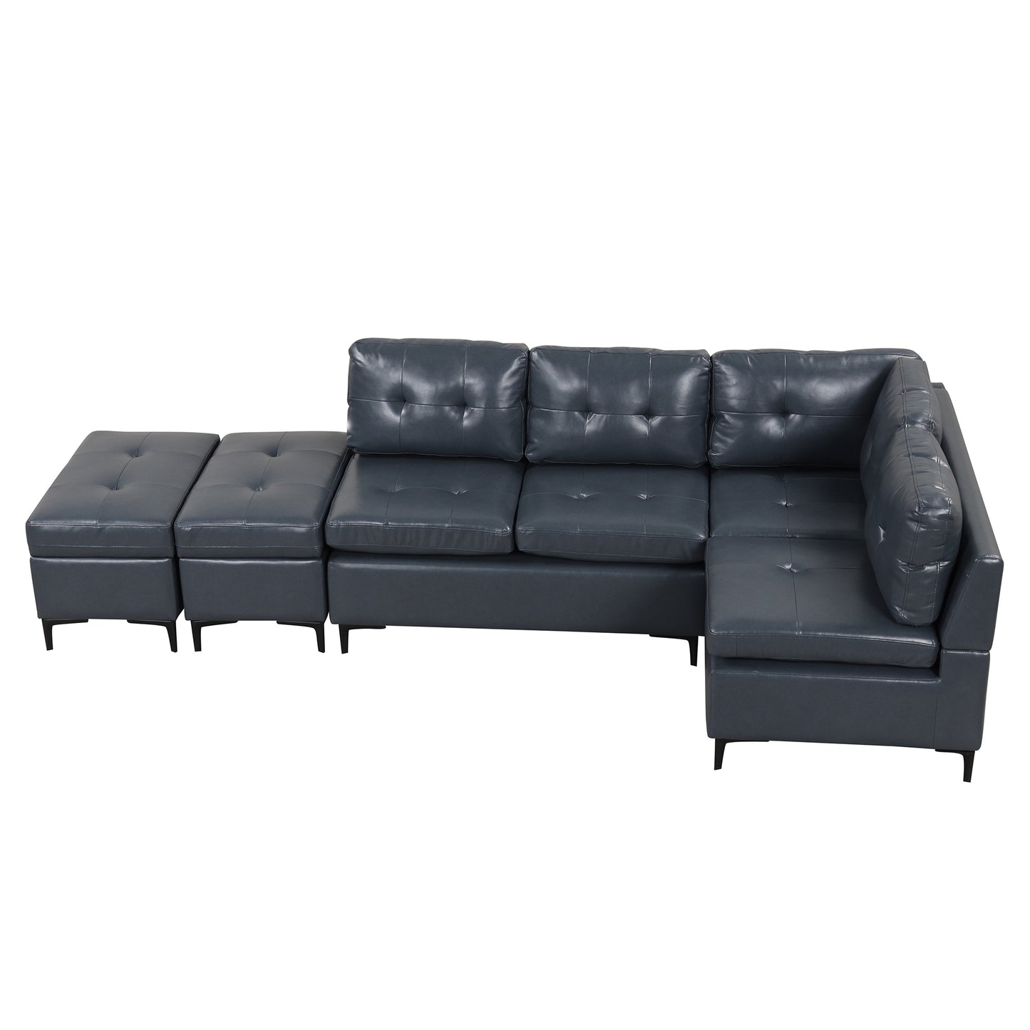 Blue L-Shaped Sectional Sofa Set with Movable Storage Ottomans