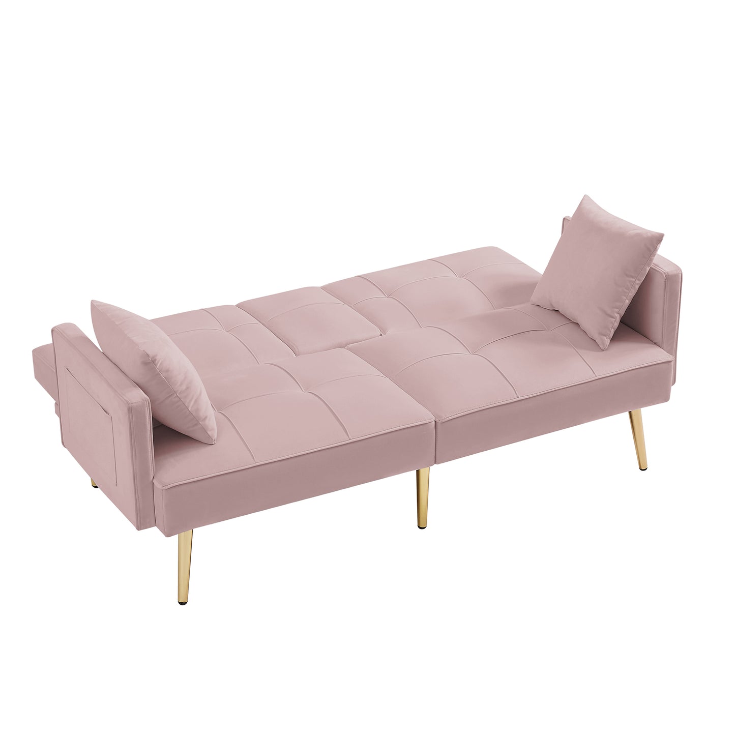 Pink Velvet Futon Sofa Bed with Gold Metal Legs