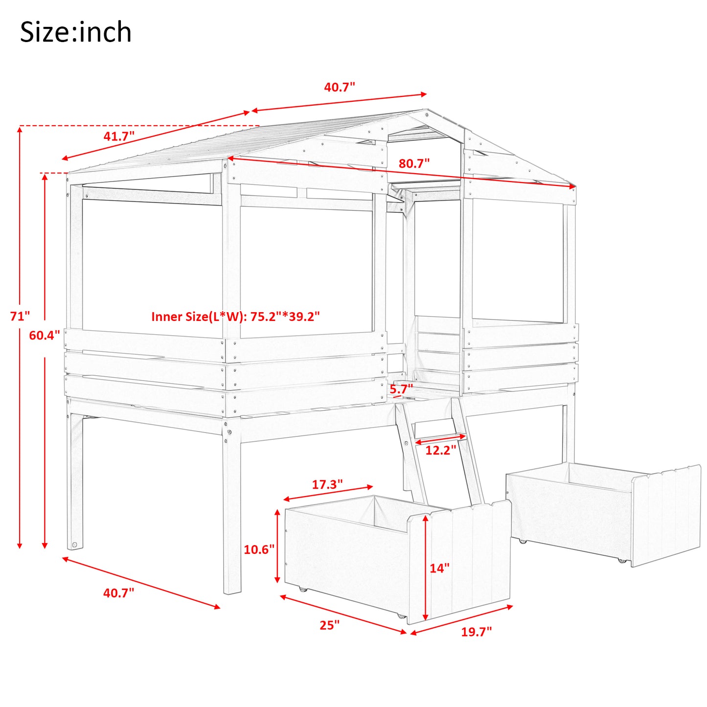 Twin Size Low Loft Wood House Bed with Two Drawers, Gray