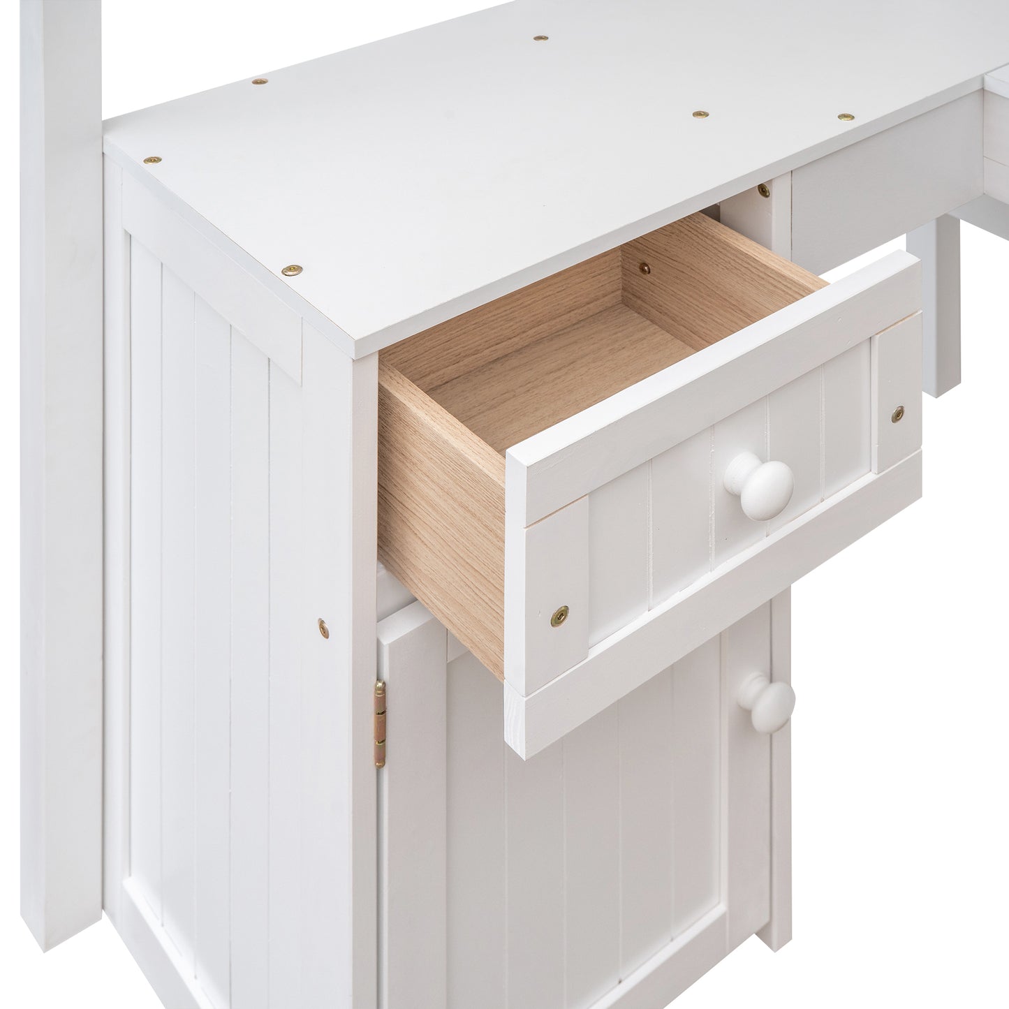 Twin size Loft Bed with Drawers, Cabinet, Shelves and Desk, Wooden Loft Bed with Desk - White( :LT000505AAK)