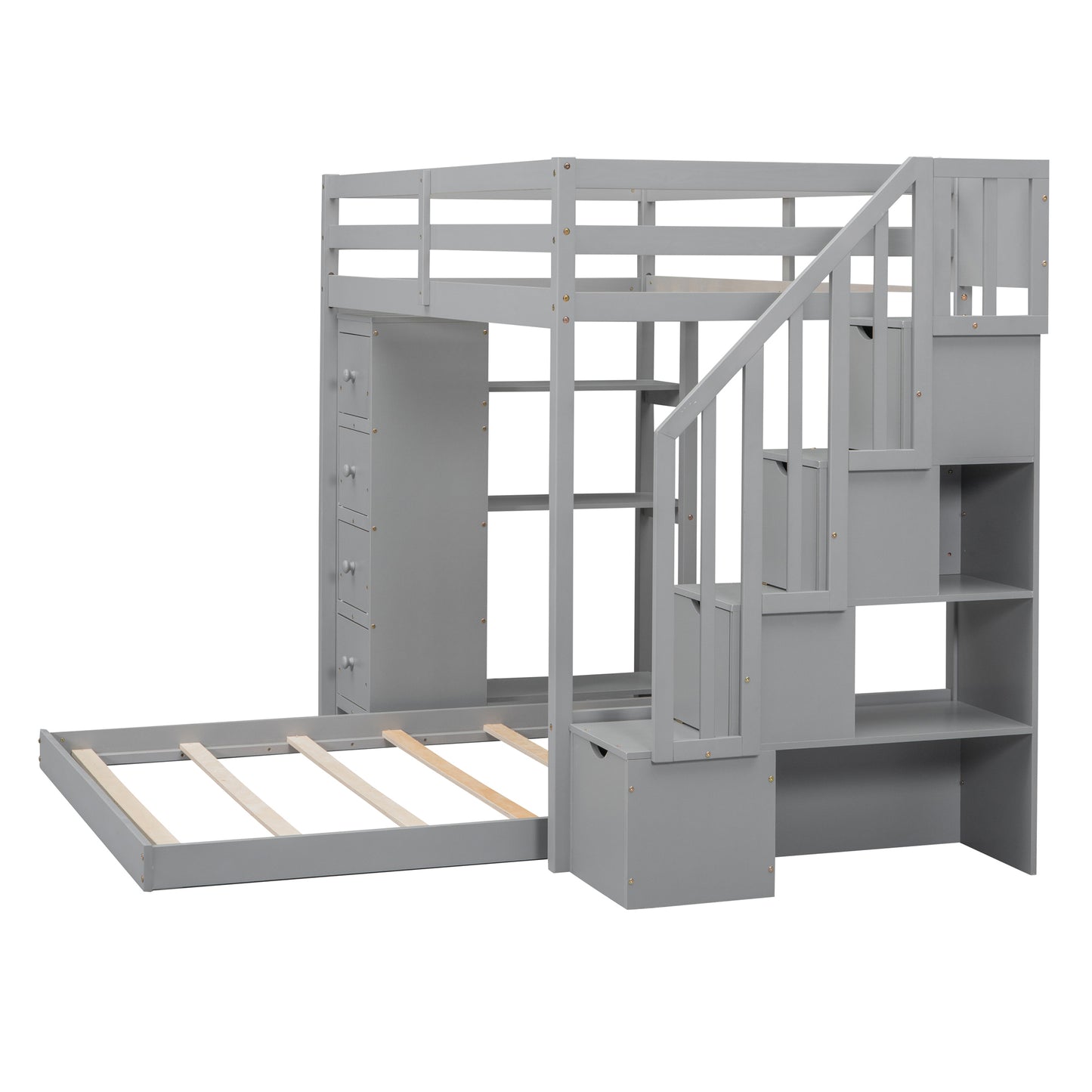 Space-Saving Gray Bunk Bed with Storage Stairs and Versatile Features