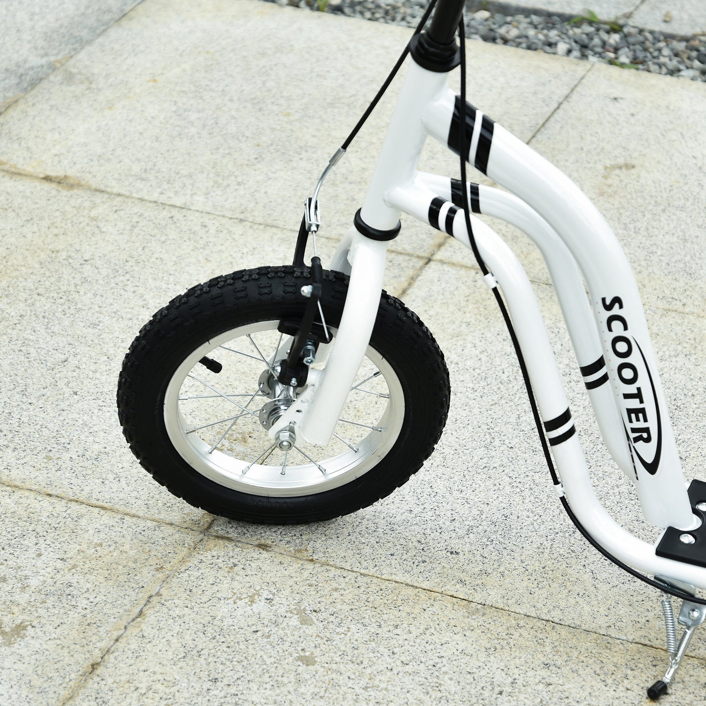 White Adjustable Height Youth Scooter with Dual Brakes and 12-Inch Inflatable Front Wheel