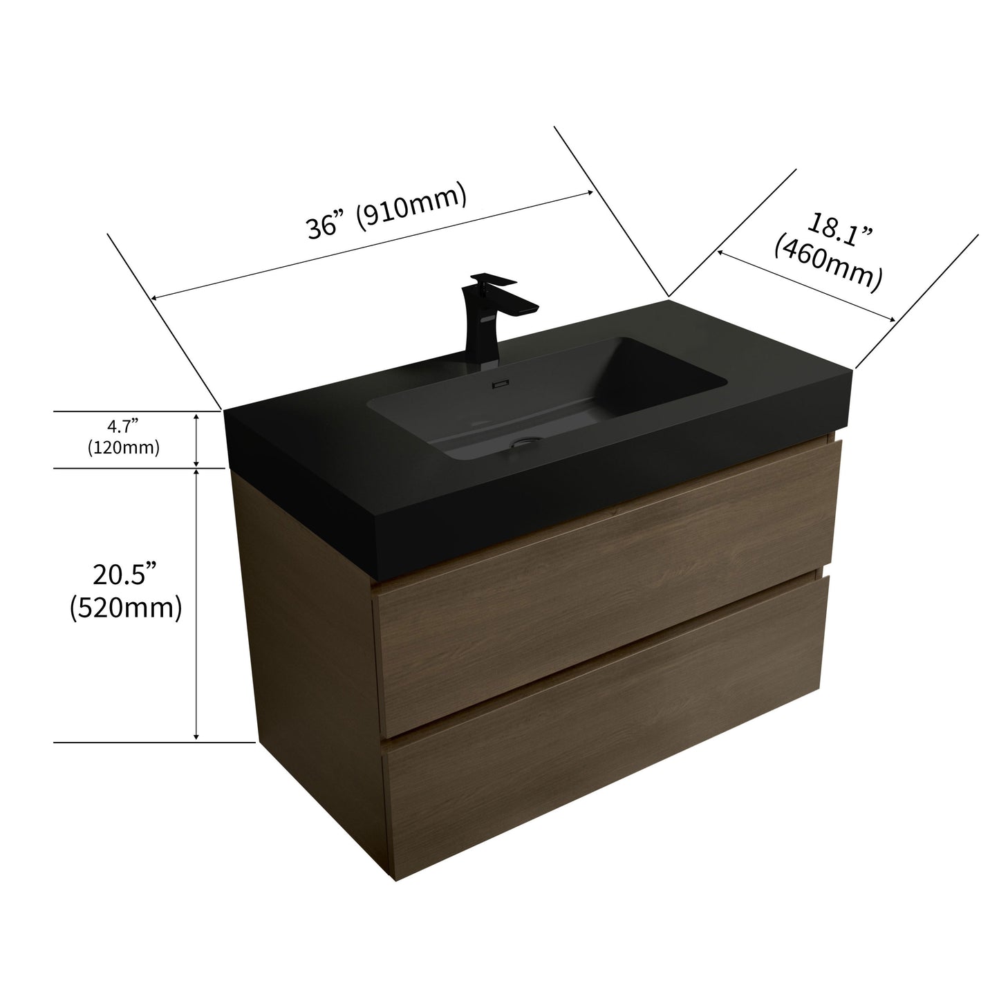 U045-Alice36-111 Alice 36" Dark Oak Bathroom Vanity with Black Sink, Large Storage Wall Mounted Floating Bathroom Vanity for Modern Bathroom, One-Piece Black Sink Basin without Drain and Faucet