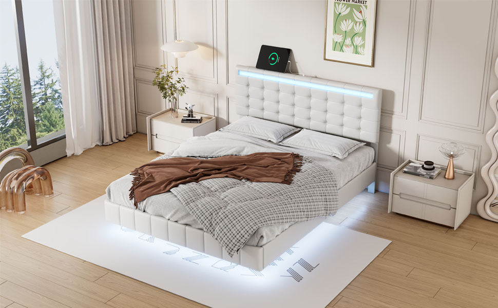 Full Size Floating Bed Frame with LED Lights and USB Charging,Modern Upholstered Platform LED Bed Frame,White(Full)