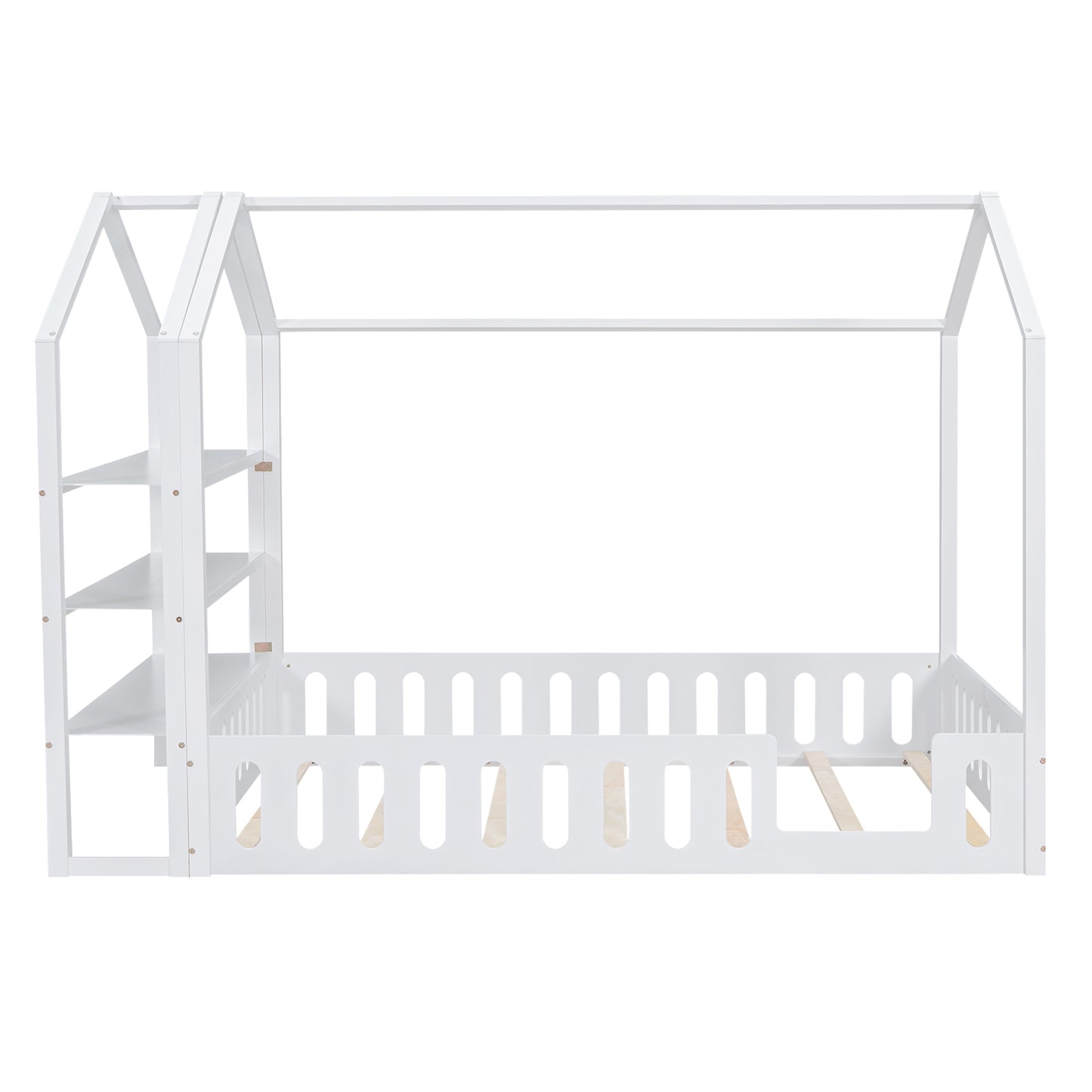 Full Size Wood House Bed with Fence and Detachable Storage Shelves, White(Expected Arrival Time: 1.7)