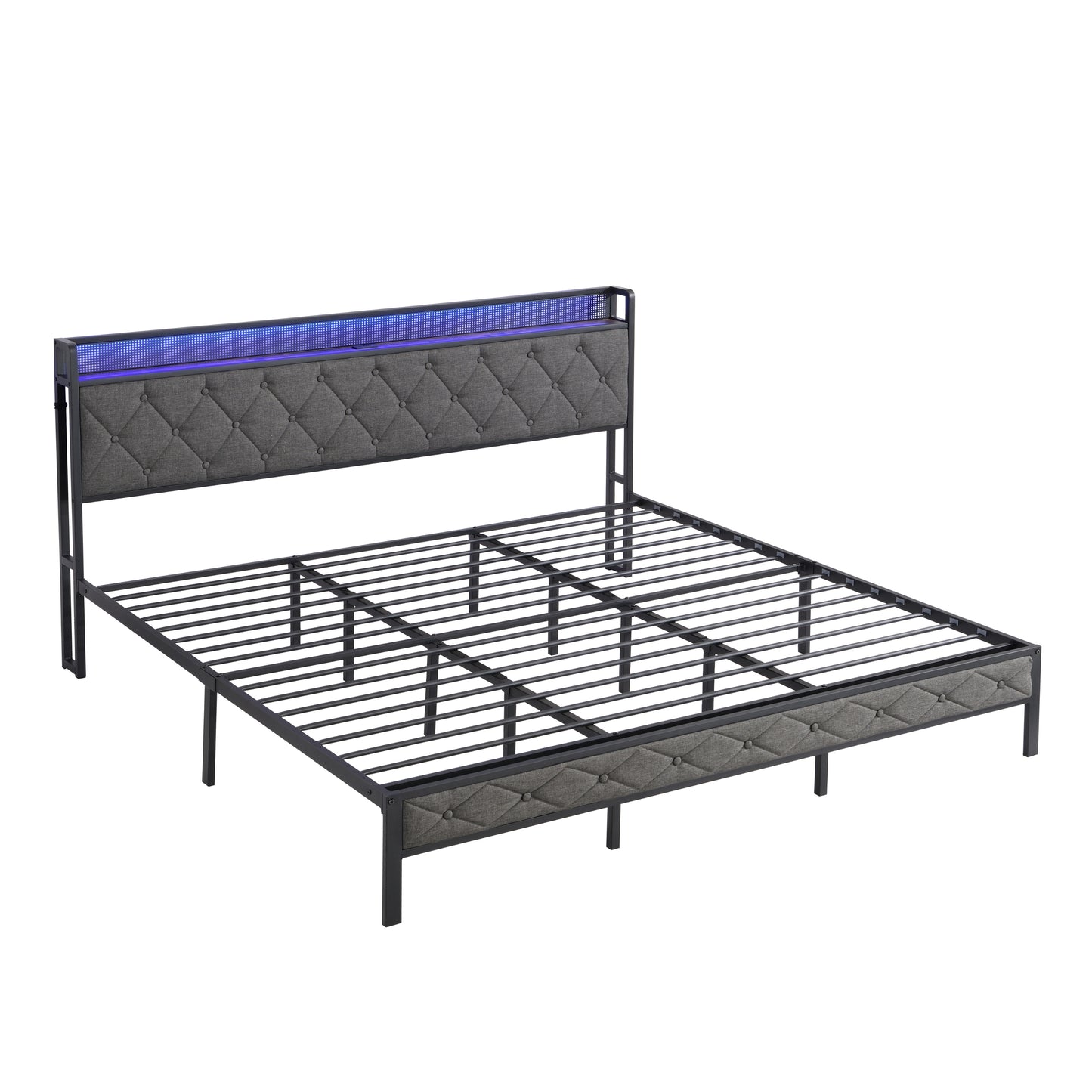 King Bed Frame with Storage Headboard, Charging Station and LED Lights, Upholstered Platform Bed with Heavy Metal Slats, No Box Spring Needed, Noise Free, Easy Assembly, Dark Gray