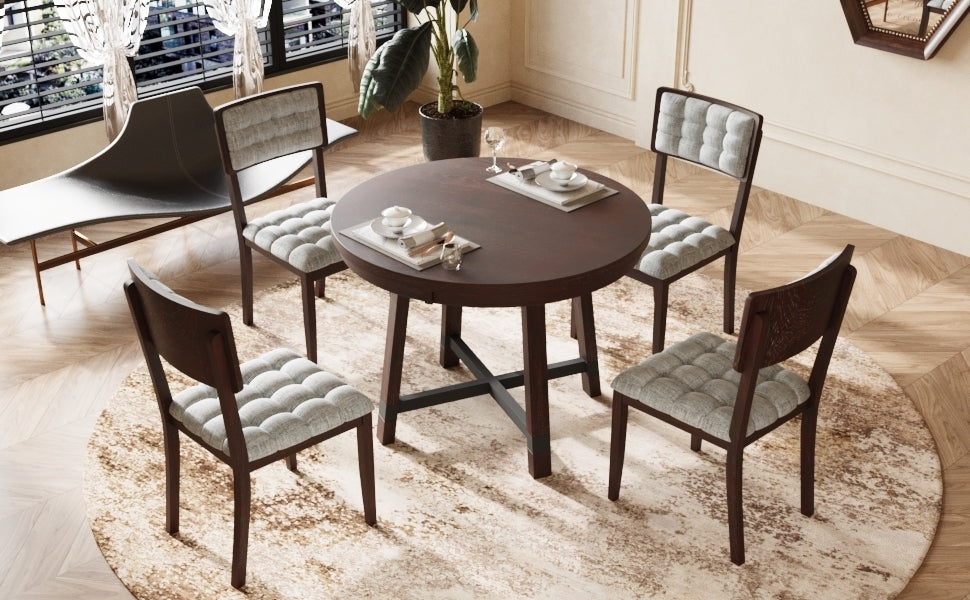 Rustic 42inch Round Dining Table Set with Cross Legs and Upholstered Dining Chairs for Small Places, Espresso