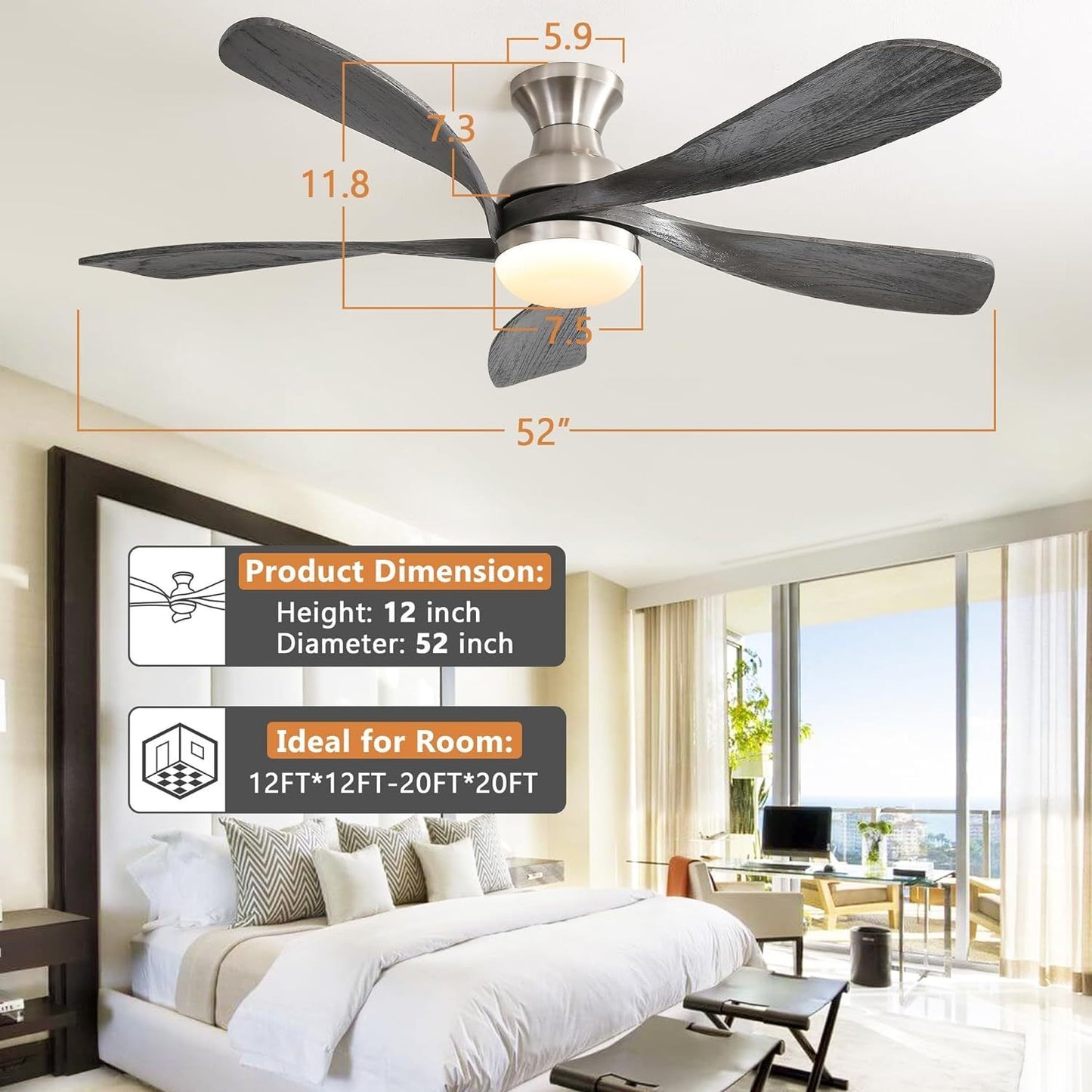 52 Inch Reversible Ceiling Fan with Modern Wooden Blades and Quiet DC Motor