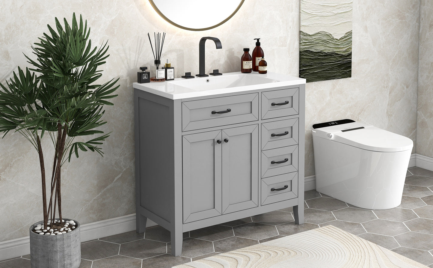 36" Bathroom Vanity with Sink Combo, Bathroom Cabinet with Drawers, Solid Frame and MDF Board, Grey