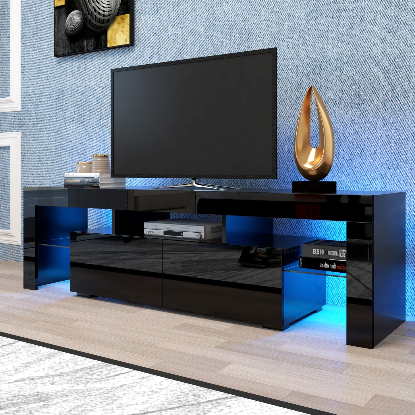 Sleek Black TV Stand with 20 Color LED Lights and Remote Control