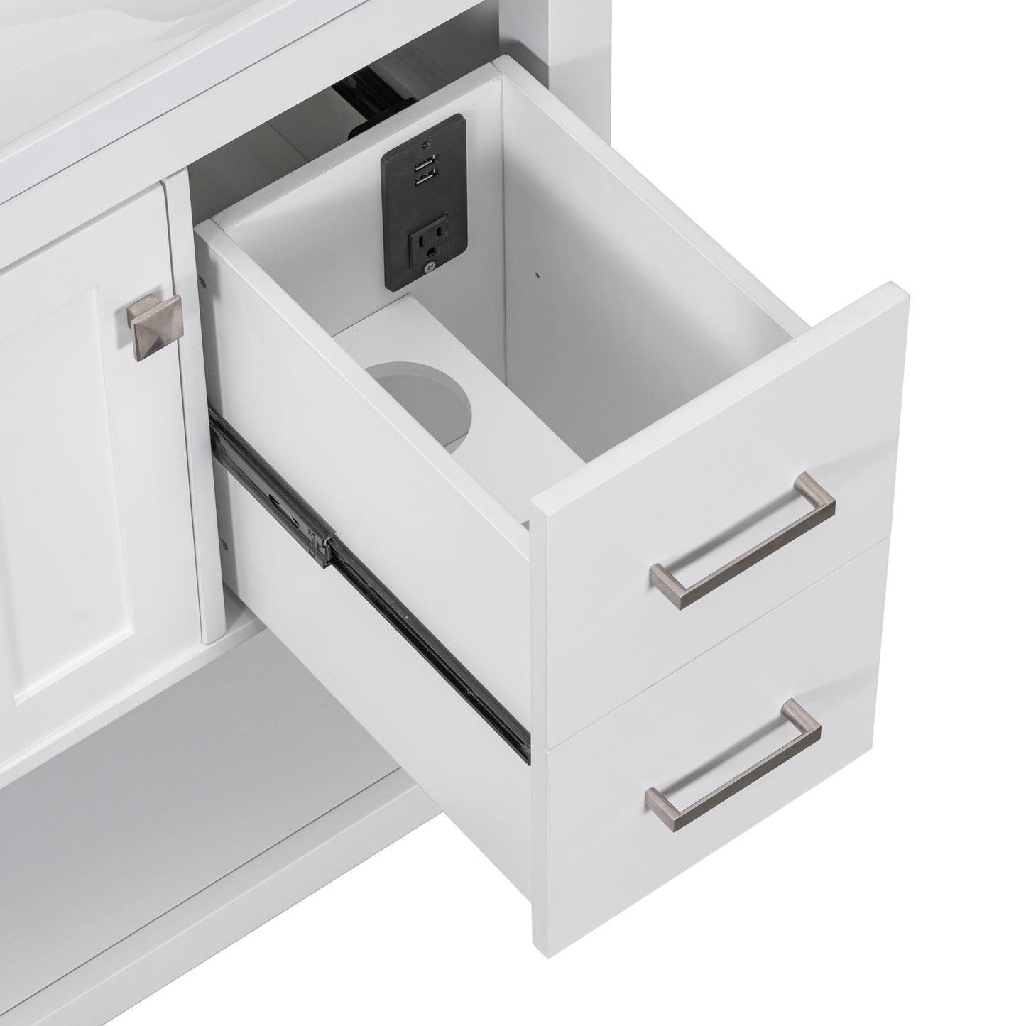 36" White Modern Bathroom Vanity with USB,Two Shallow Drawers, One Deep Drawer,One door,Single Resin Sink,Small Bathroom Organization Cabinet