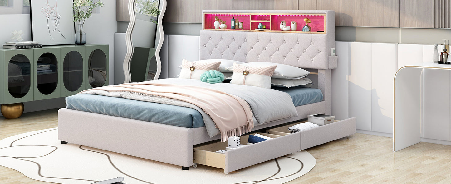 Full Size Upholstered Platform Bed with Storage Headboard, LED, USB Charging and 2 Drawers, Beige