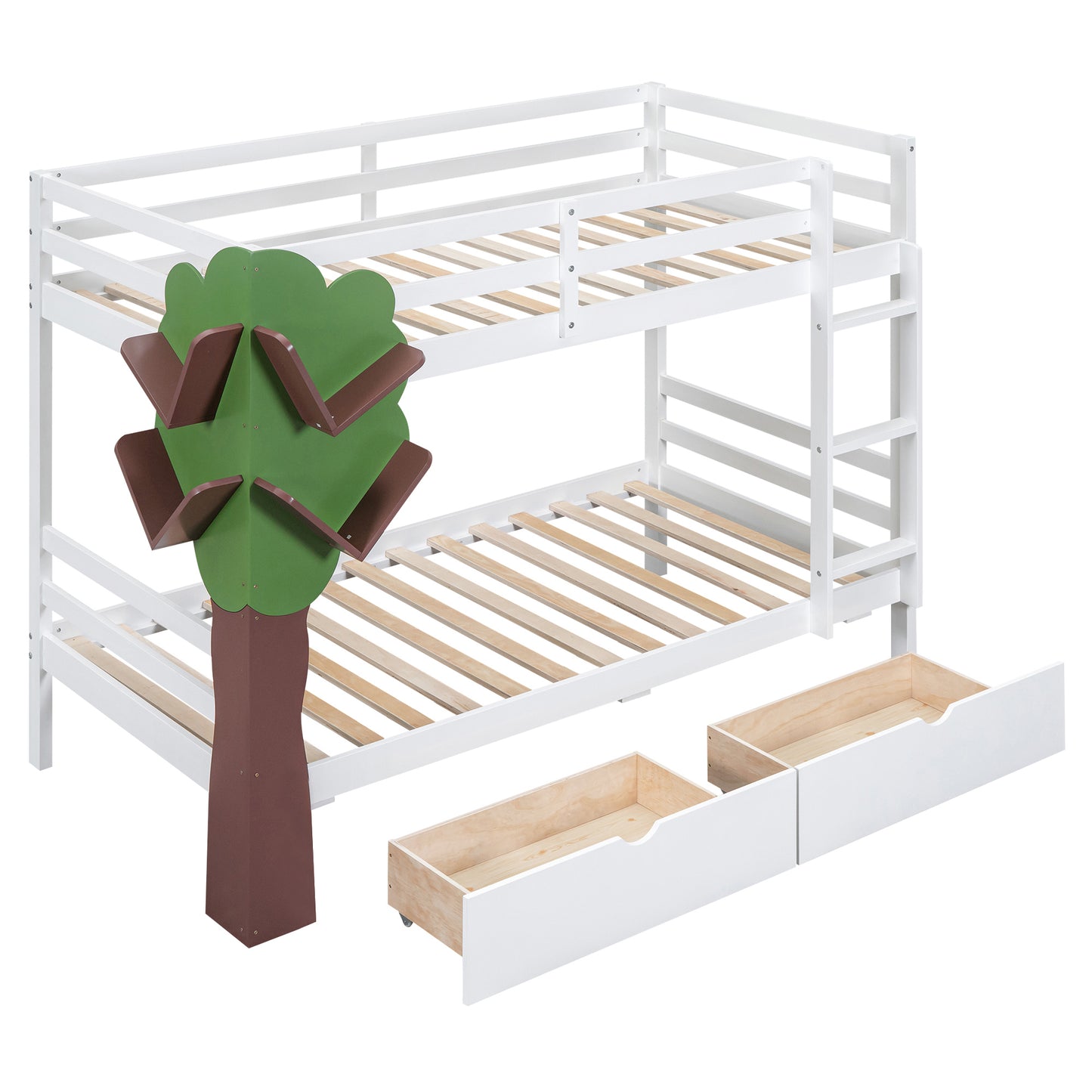 White Twin Bunk Bed with Tree Design and Storage Drawers