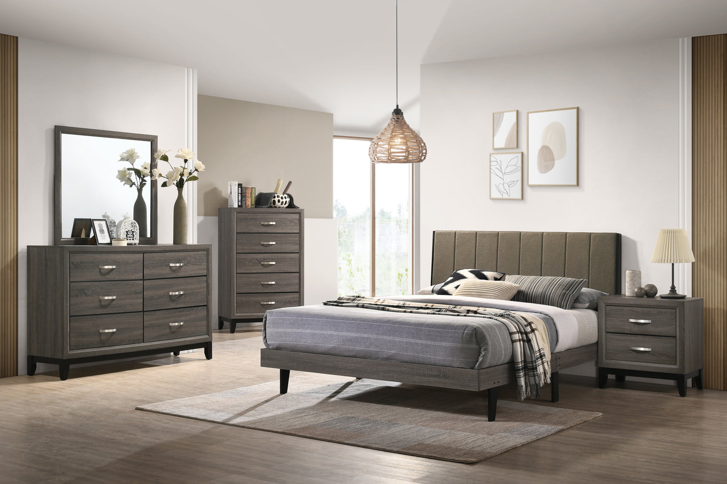 Valdemar Queen Bed, Brown Fabric & Weatheted Gray Finish BD00571Q