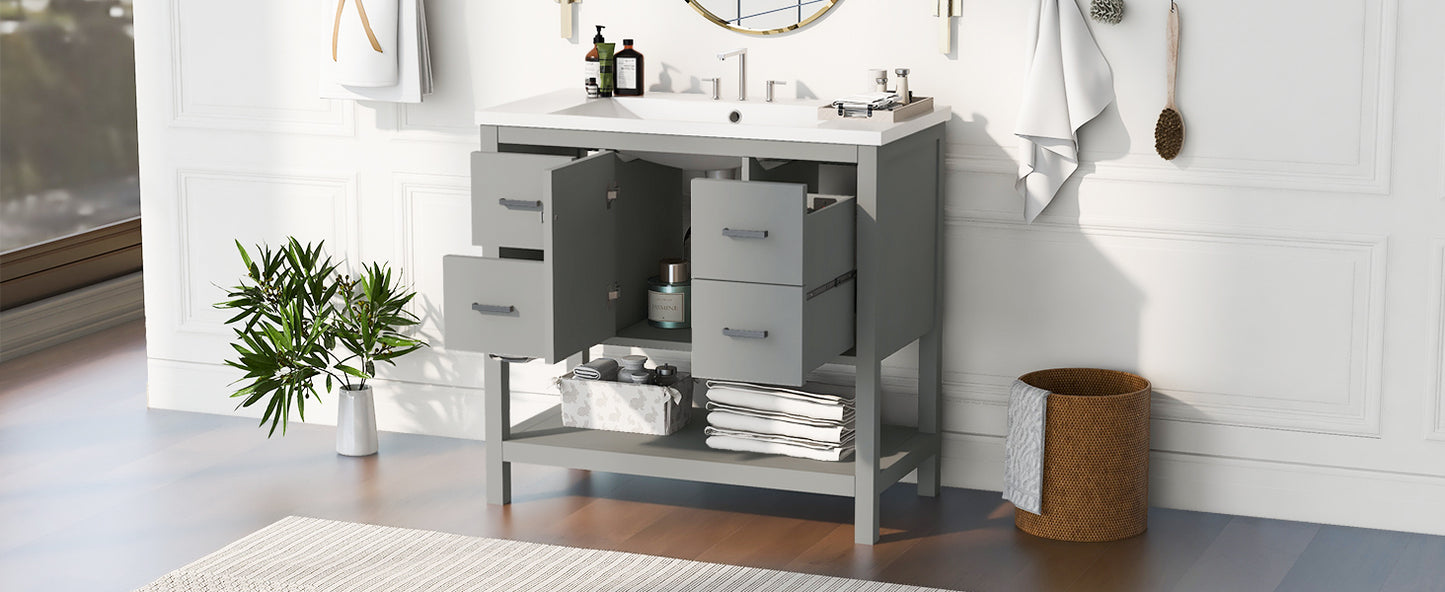 36" Gray Modern Bathroom Vanity with USB,Two Shallow Drawers, One Deep Drawer,One door,Single Resin Sink,Small Bathroom Organization Cabinet