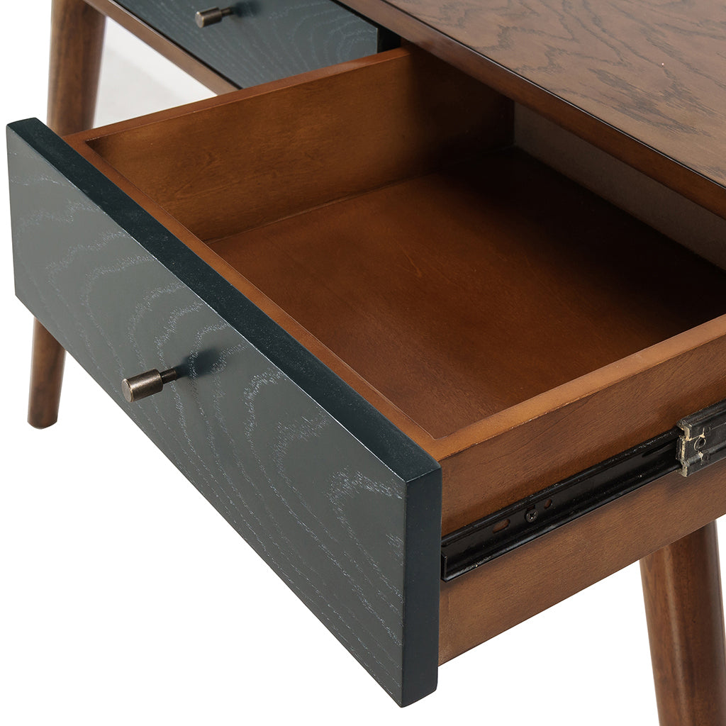 Transitional 3 Drawer Writing Desk in Pecan Finish with Navy Accents