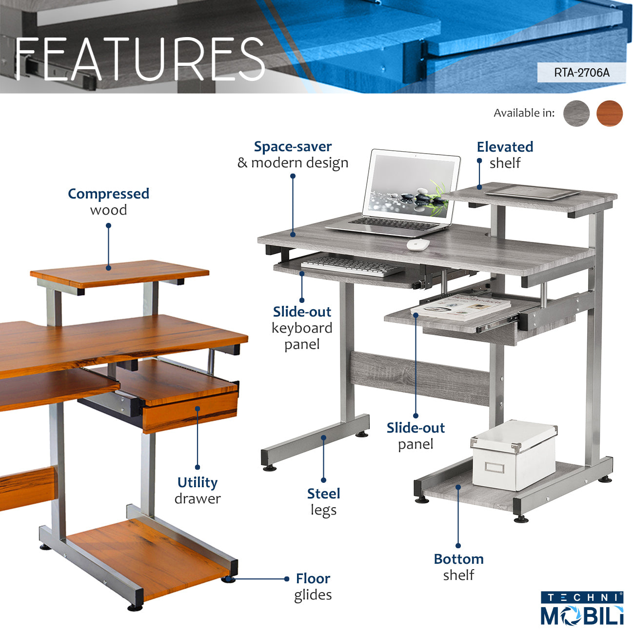 Techni Mobili Grey Computer Workstation Desk