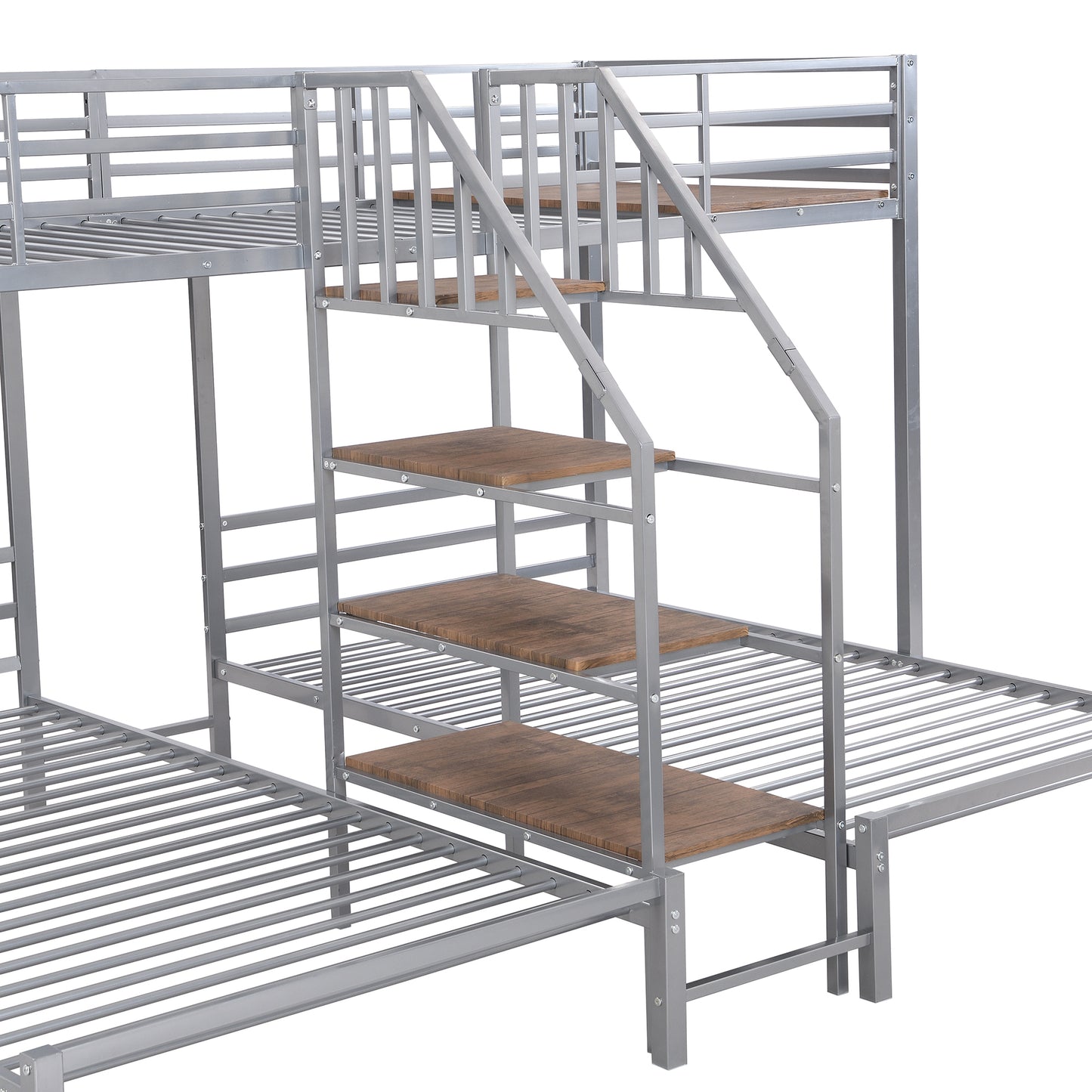 Three-Tiered Metal Bunk Bed with Storage and Staircase, Silver Twin over Twin