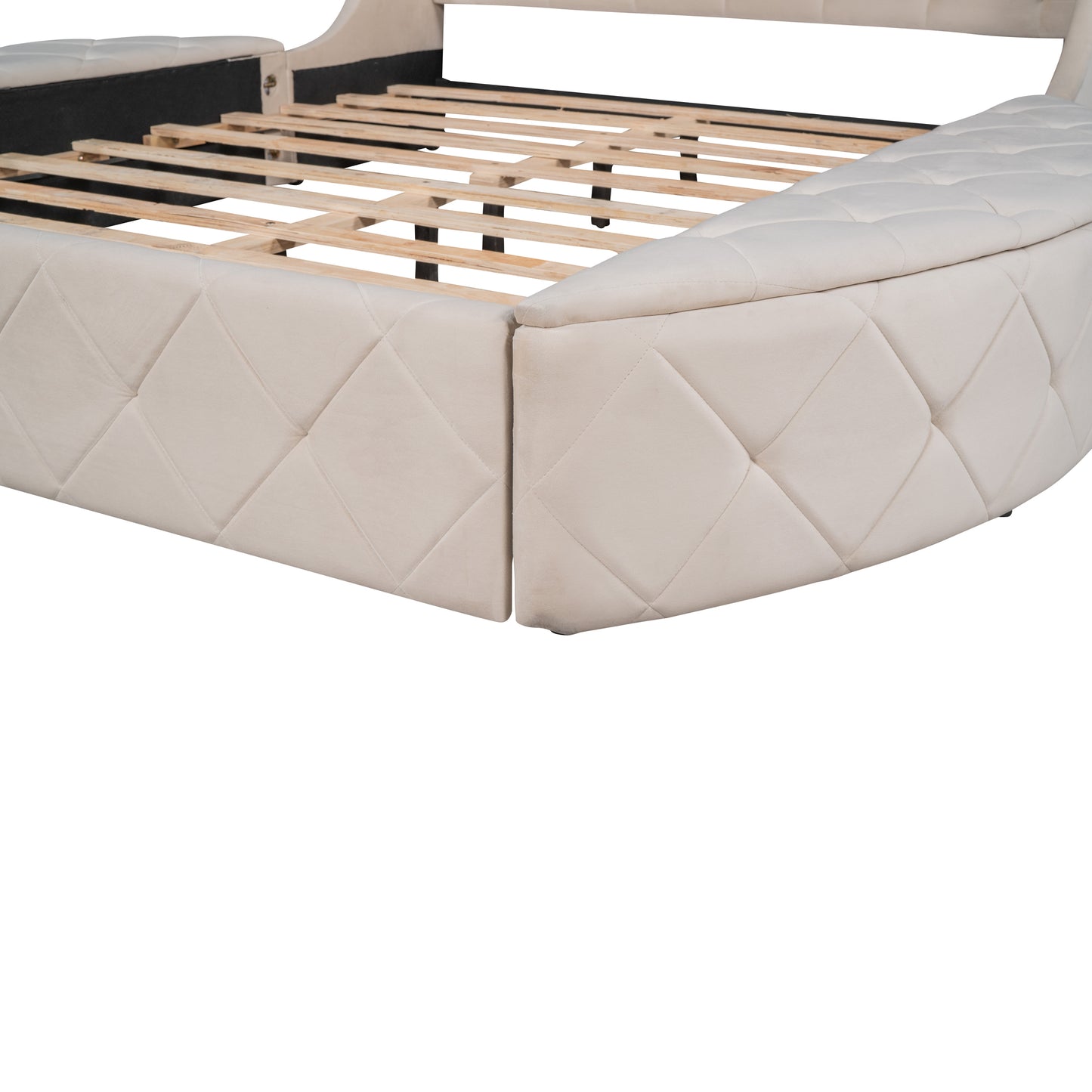 Upholstered Platform Bed Queen Size Storage Velvet Bed with Wingback Headboard and 1 Big Drawer,2 Side Storage Stool(Beige)