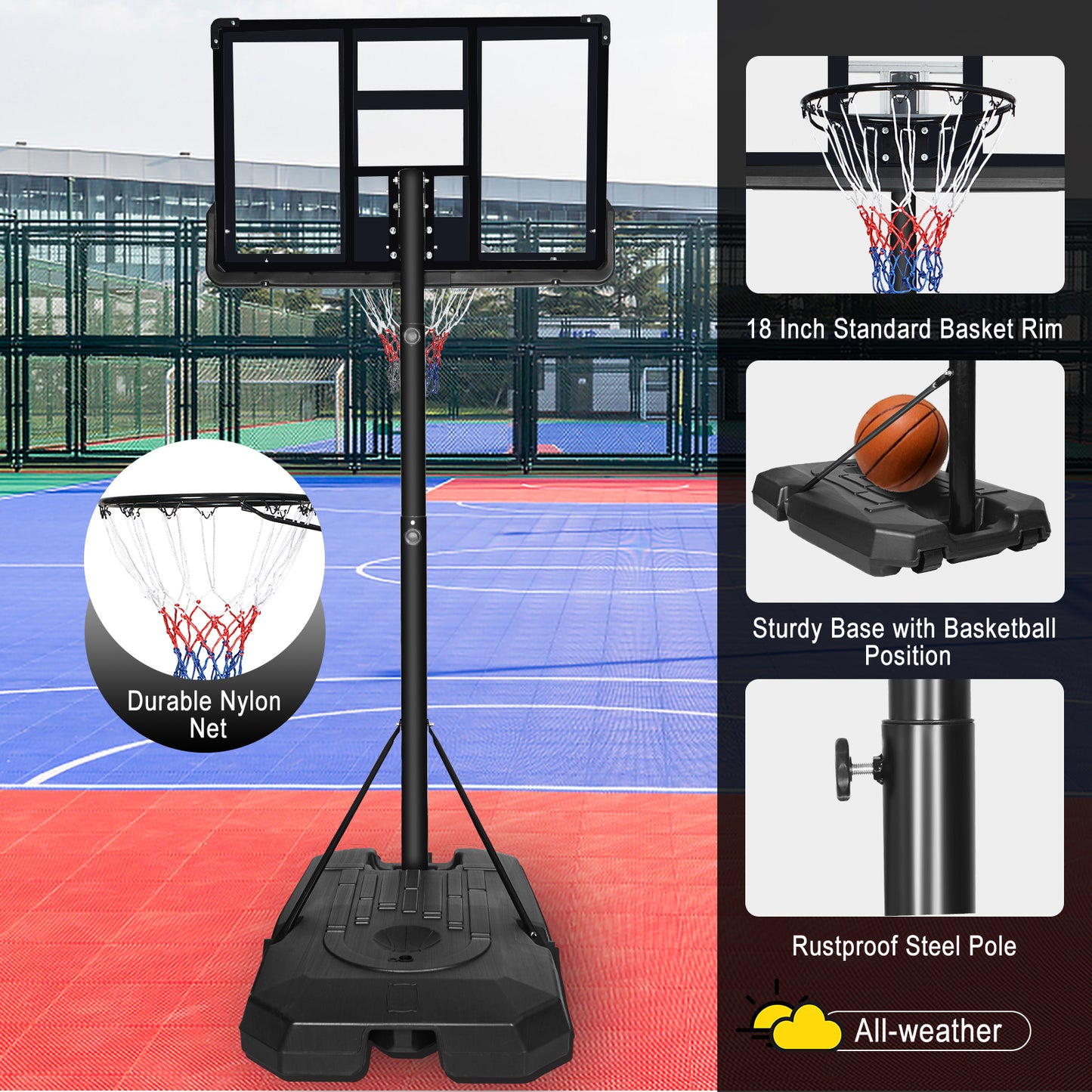 Portable Basketball Hoop Backboard System Stand Height Adjustable 6.6ft - 10ft with 44 Inch Backboard and Wheels for Adults