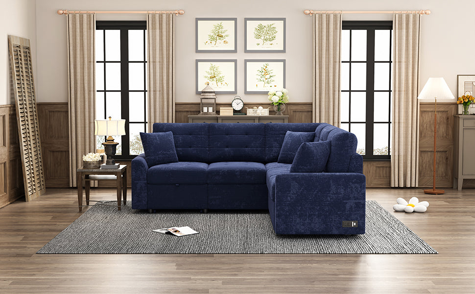 Convertible Navy Blue L-Shape Sleeper Sofa with USB Ports and Power Sockets