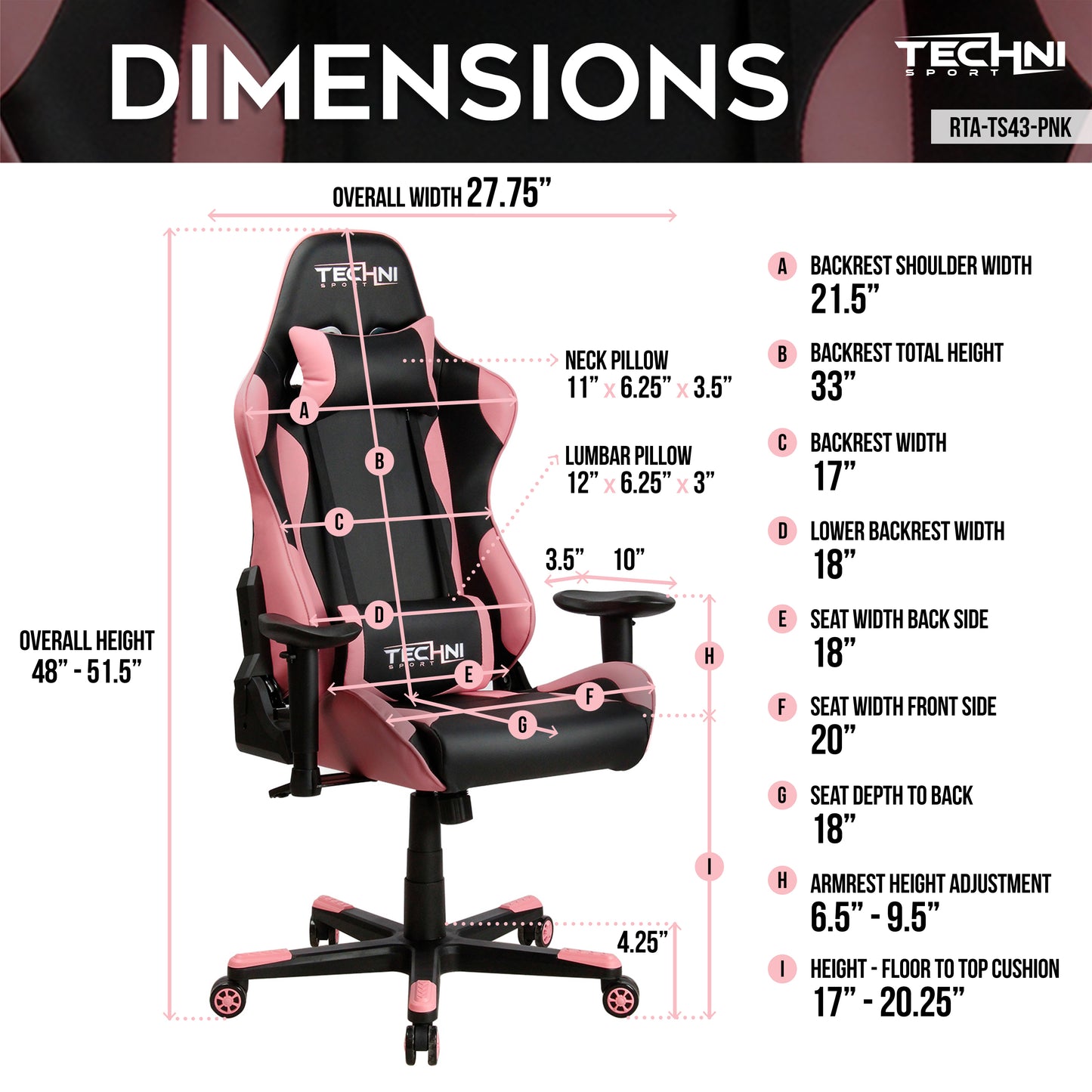 Techni Sport TS-4300 Ergonomic High Back Racer Style PC Gaming Chair, Pink