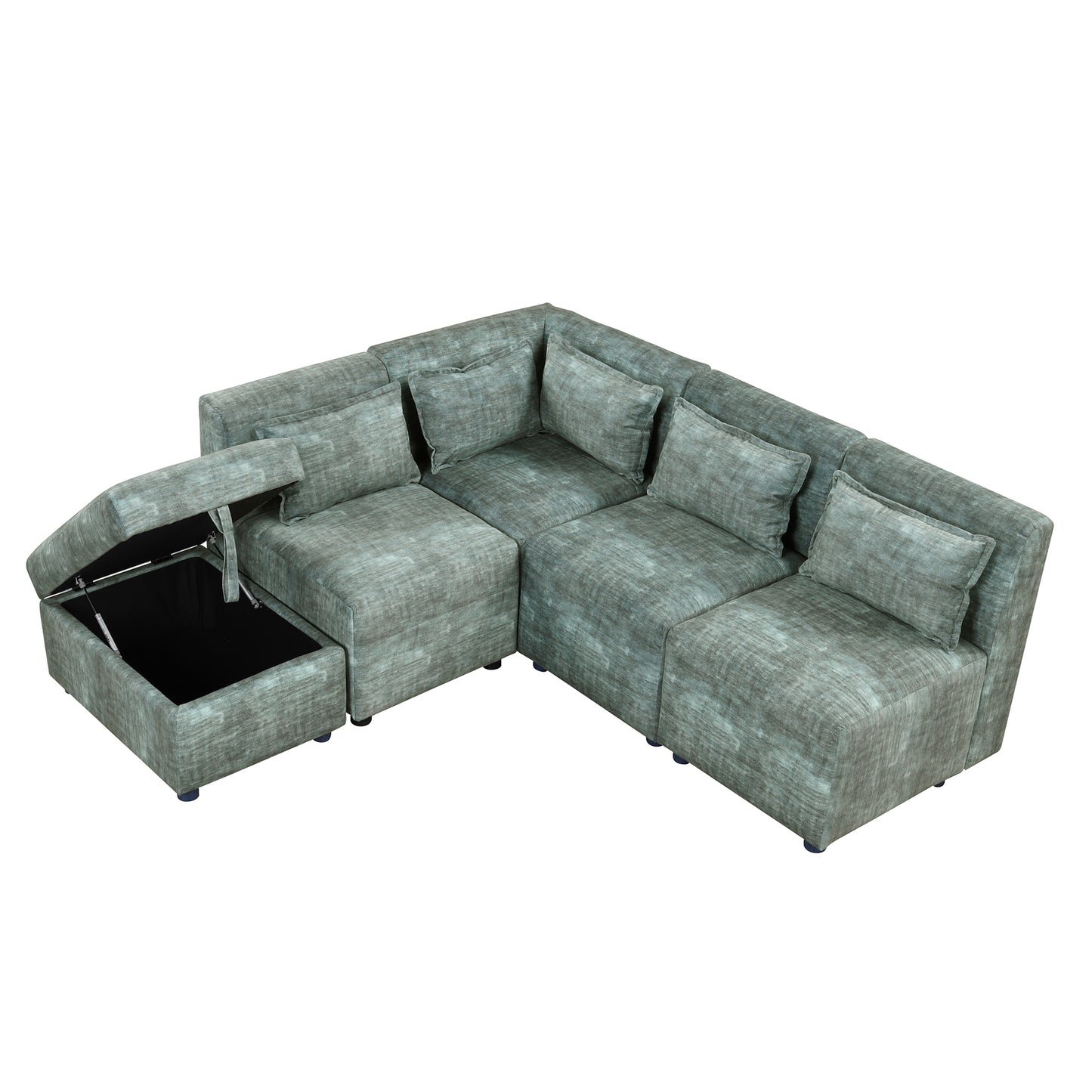 Endless Lounge Creations: Free-Combined Blue-Green Sectional Sofa with Storage Ottoman and 5 Pillows