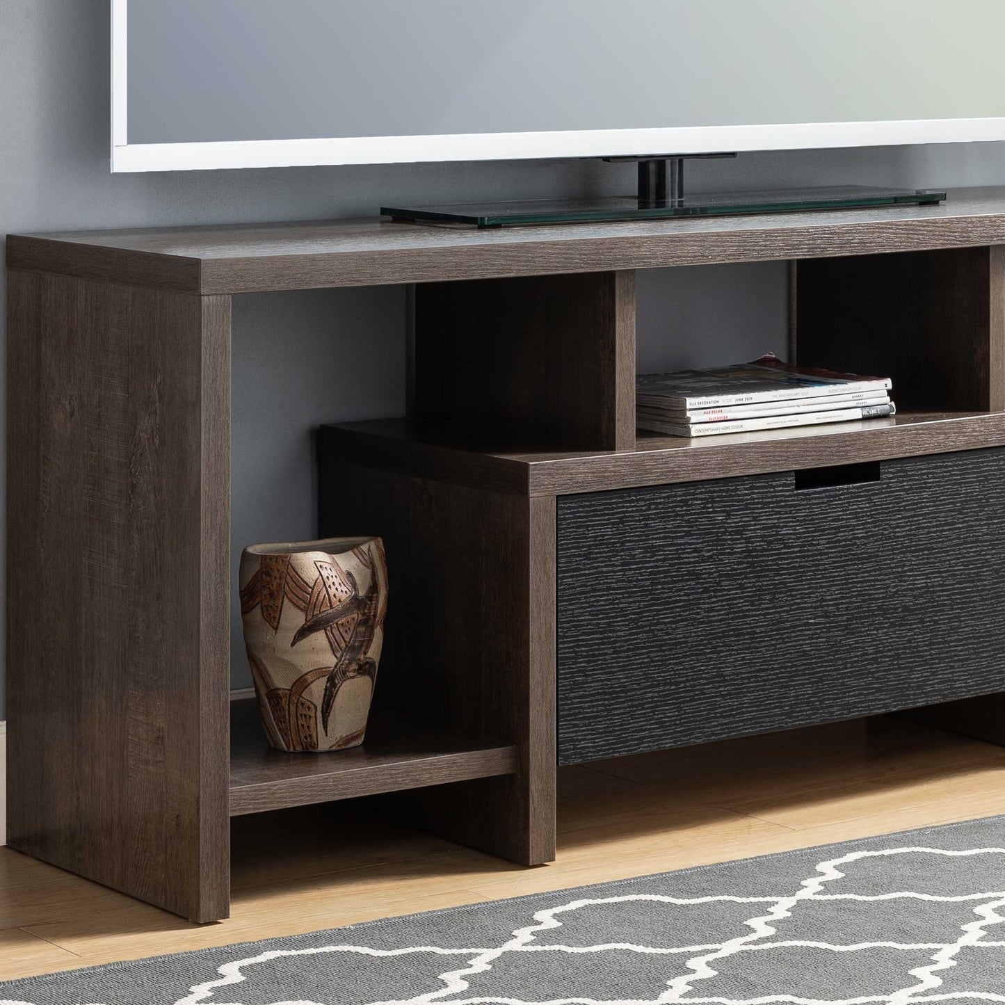 Walnut Oak and Black TV Stand: Modern Entertainment Center with Drawer and Shelves