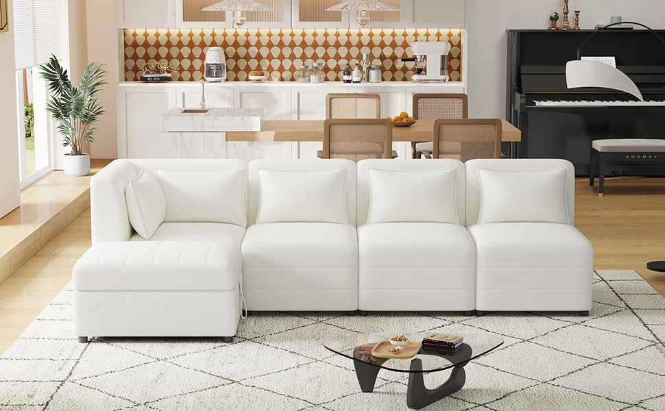 Cream 5-Seater Modular Sectional Sofa with Storage Ottoman and 5 Pillows