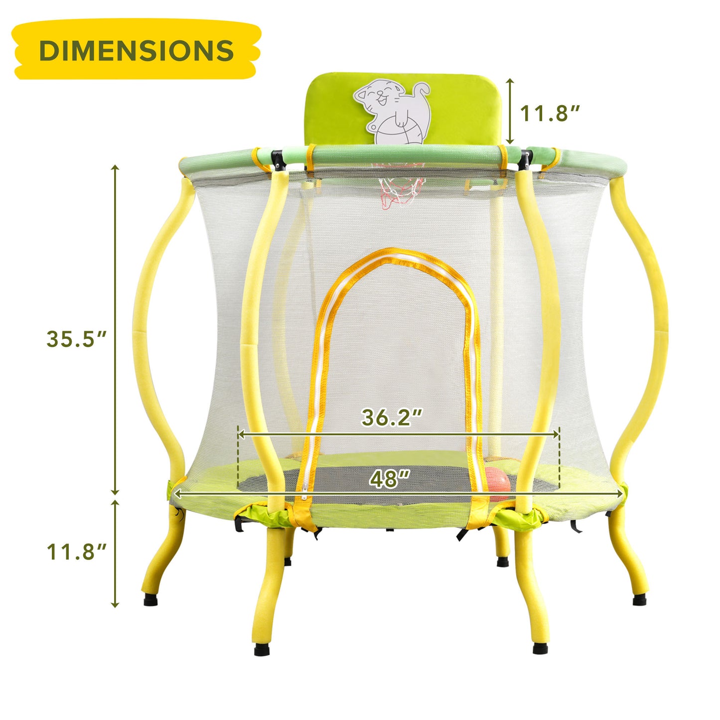 4FT Trampoline for Kids - 48" Indoor Mini Toddler Trampoline with Enclosure, Basketball Hoop and Ball Included, Arc Designed and Full Surrounded for Extra Protection