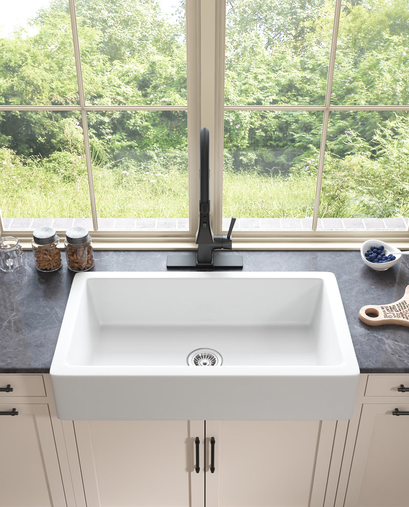 Deep White Farmhouse Kitchen Sink with Single Bowl