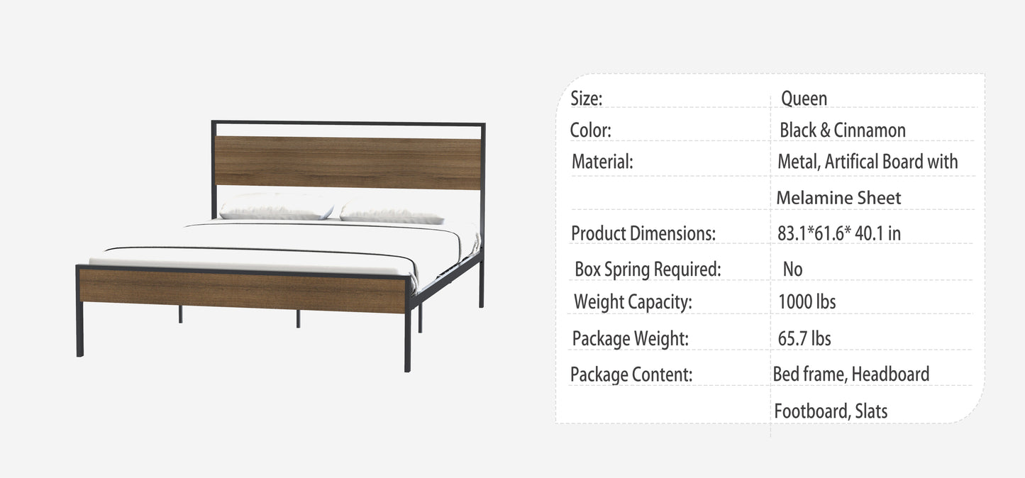 Ceres Metal Bed, Black with Cinnamon Wood Headboard & Footboard, Queen